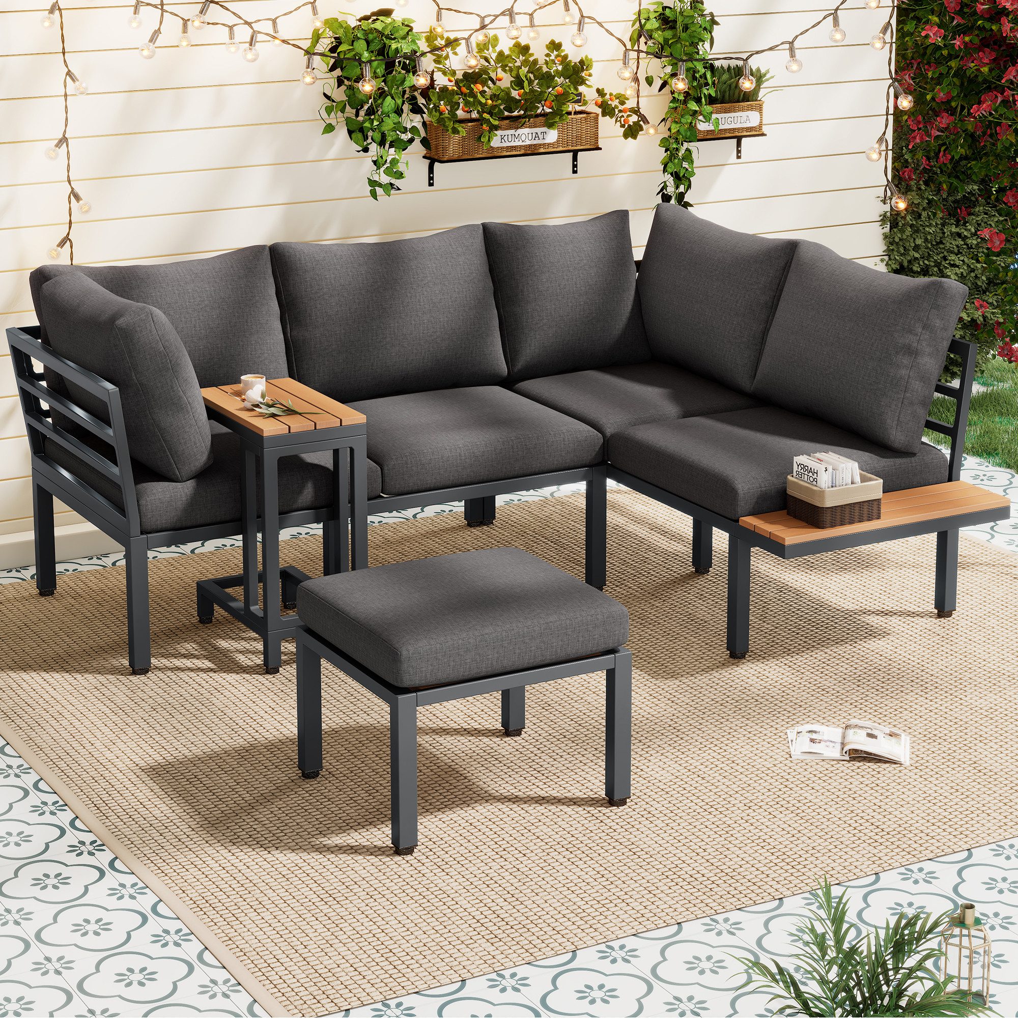 Merax Gartenlounge-Set, (für 4-5 Personen, 4-tlg., Sitzgruppe Sitzgruppe Gartengarnitur), 5-Sitzer Gartenmöbel Set mit Sofa,Beistelltisch & Couchtisch/Fußhocker