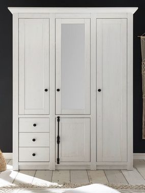 Furn.Design Kleiderschrank Hooge (Schrank in Pinie weiß, 4-türig 147 x 206 cm) Landhausstil, mit viel Stauraum