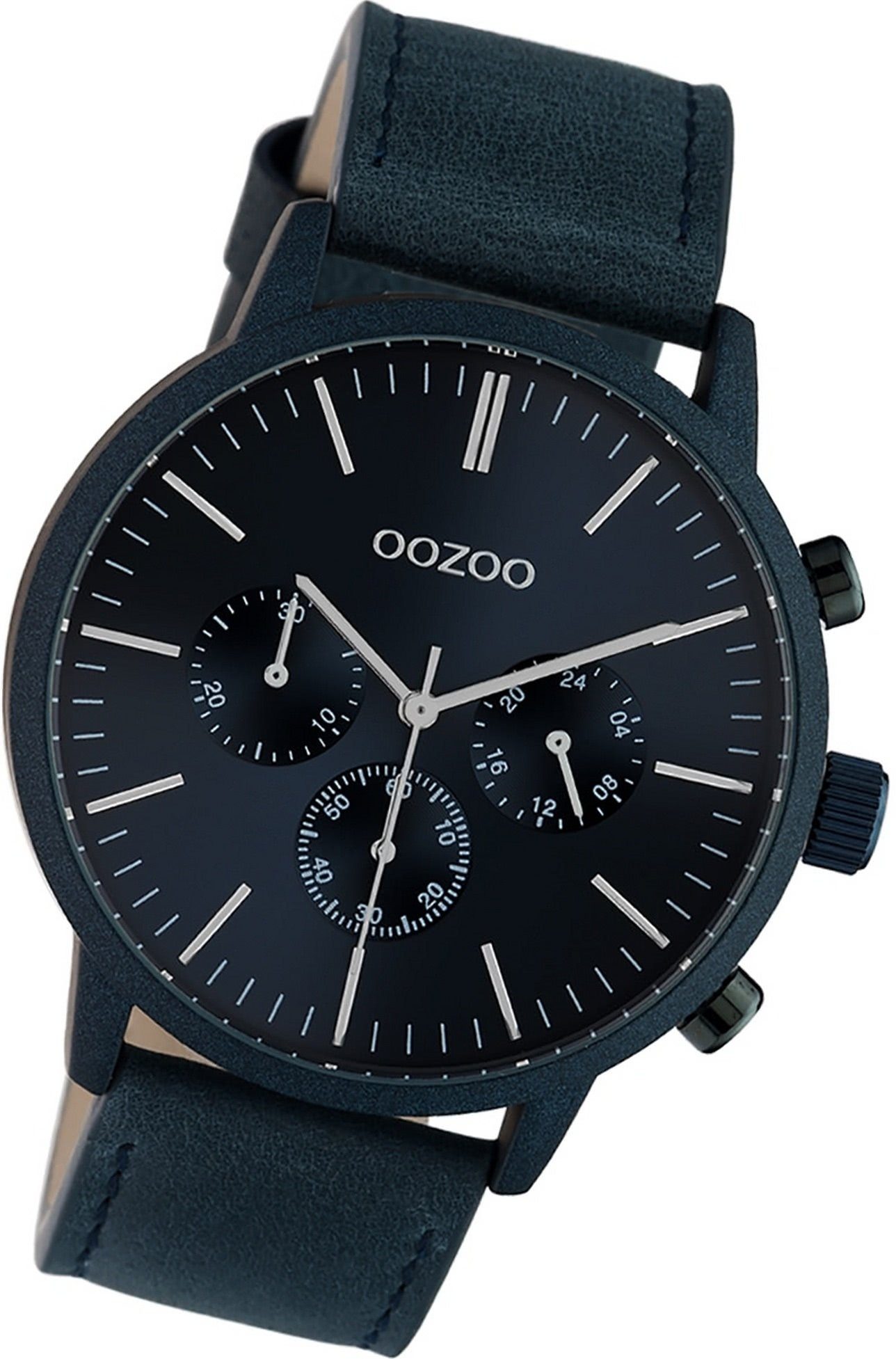 OOZOO Quarzuhr (45mm) rundes Oozoo Herrenuhr C10918 Lederarmband Unisex dunkelblau, Damen, Leder Uhr Gehäuse, groß Analog