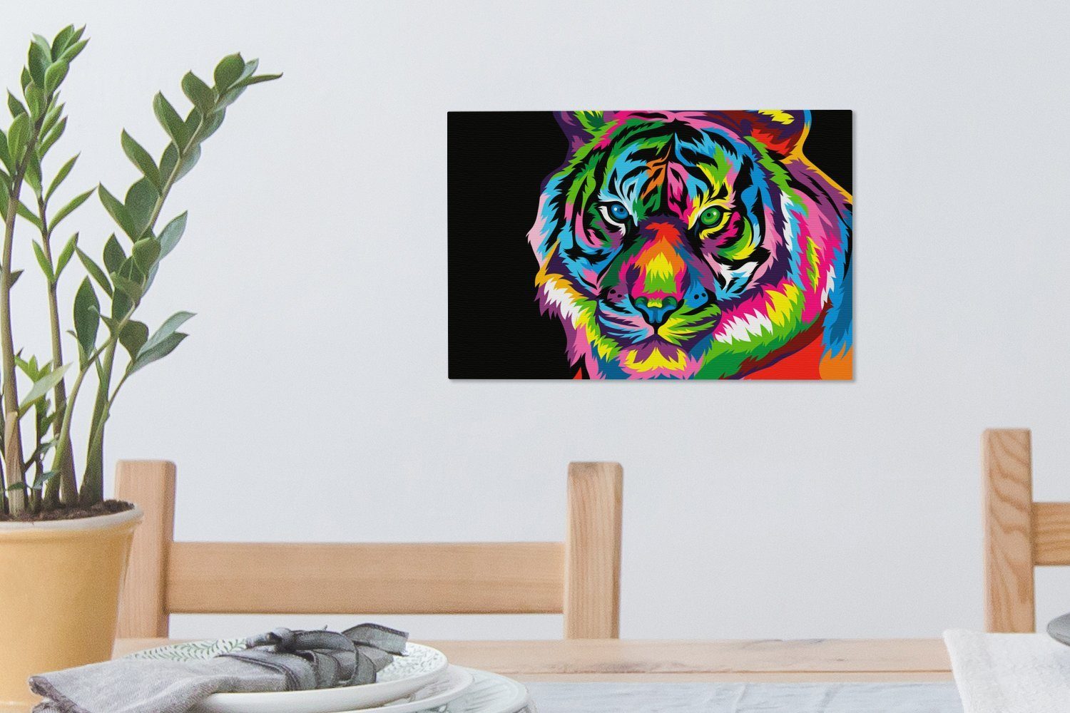 30x20 Leinwandbilder, Kopf cm Aufhängefertig, St), - Tiger OneMillionCanvasses® Regenbogen, - Wandbild Wanddeko, Leinwandbild (1