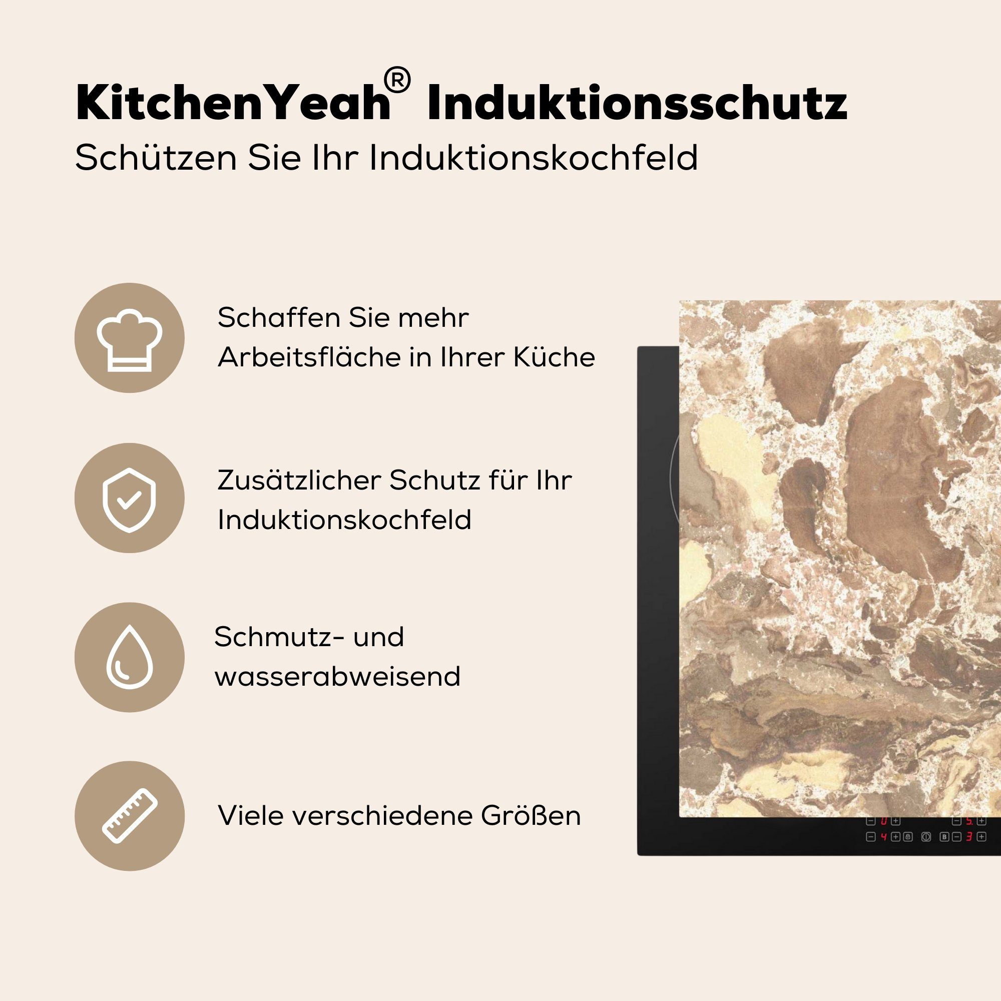 - Arbeitsfläche - nutzbar, Mobile Stein, - tlg), 70x52 MuchoWow Ceranfeldabdeckung Weiß Herdblende-/Abdeckplatte cm, Vinyl, (1 Gelb Granit