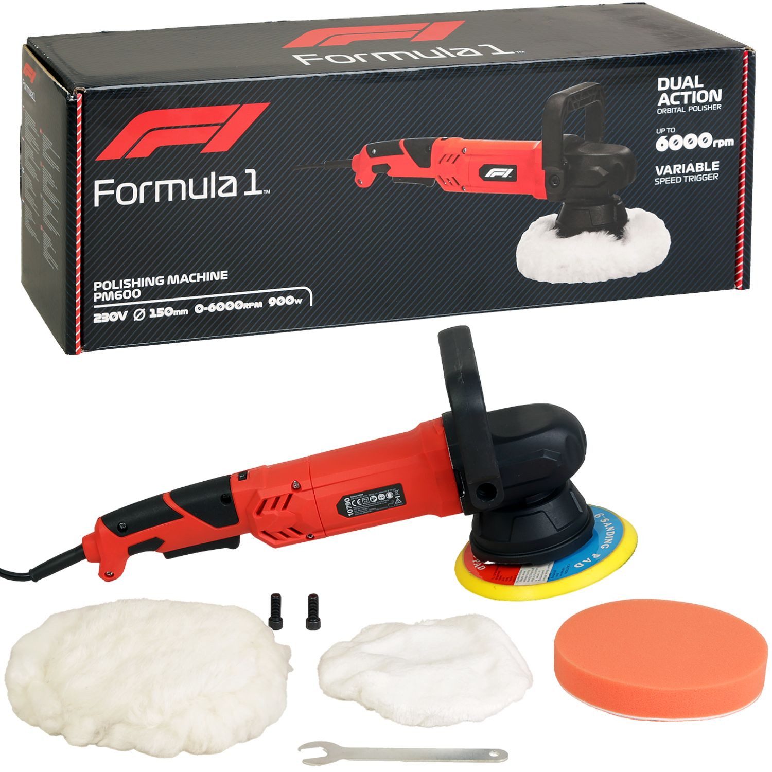 Formula 1 Rotationspoliermaschine F1 Poliermaschine 150mm 900W 4000 U/min, 600 min. U/min, 4000 max. U/min, (Set), Set mit Zubehör Auto Polierer Poliergerät Schleifmaschine