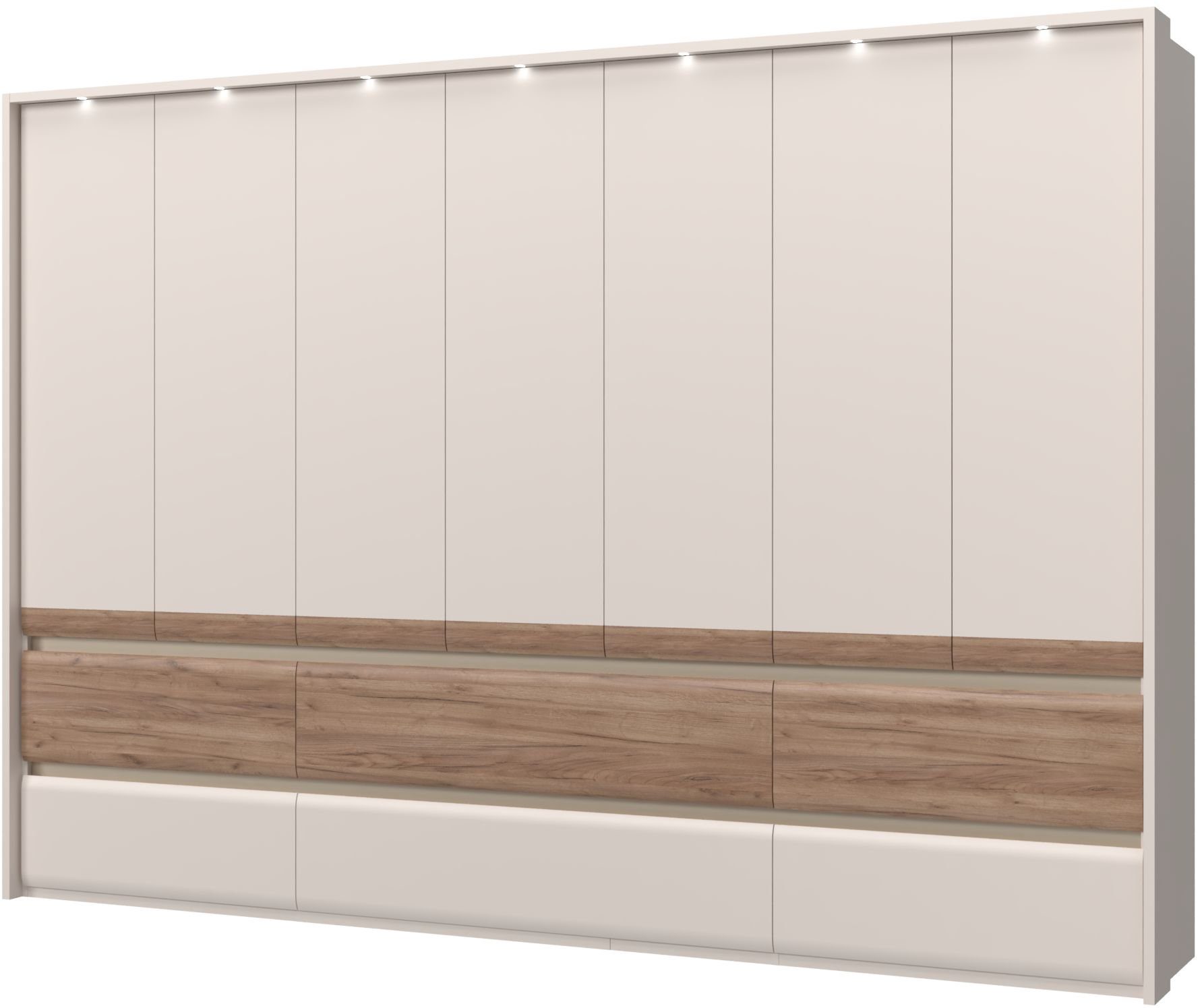 OTTO home Kleiderschrank Invictus, UV lackiert, kratzfest, FSC-zertifiziert, grifflose Optik (abgerundete Schubladen aus MDF im Holzdekor, soft-close) mit Beleuchtung und Passpartourahmen, hoher Schrank (226cm), 6 Breiten