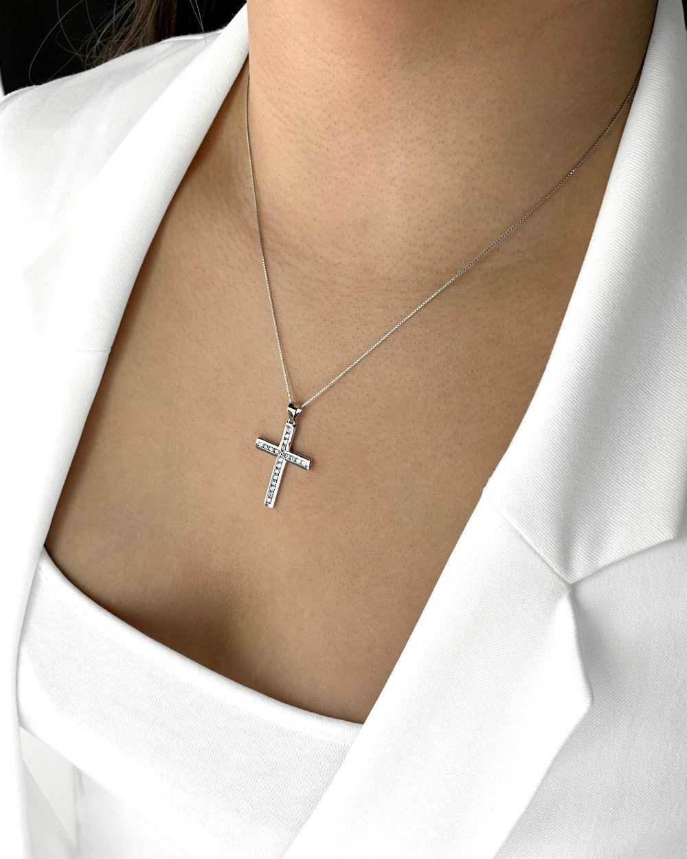 DANIEL CLIFFORD Kreuzkette 'Camille' Damen Halskette Silber 925 mit Anhänger Kreuz (inkl. Verpackung), 45cm Silberkette und Kreuz-Anhänger mit Zirkonia-Kristallen
