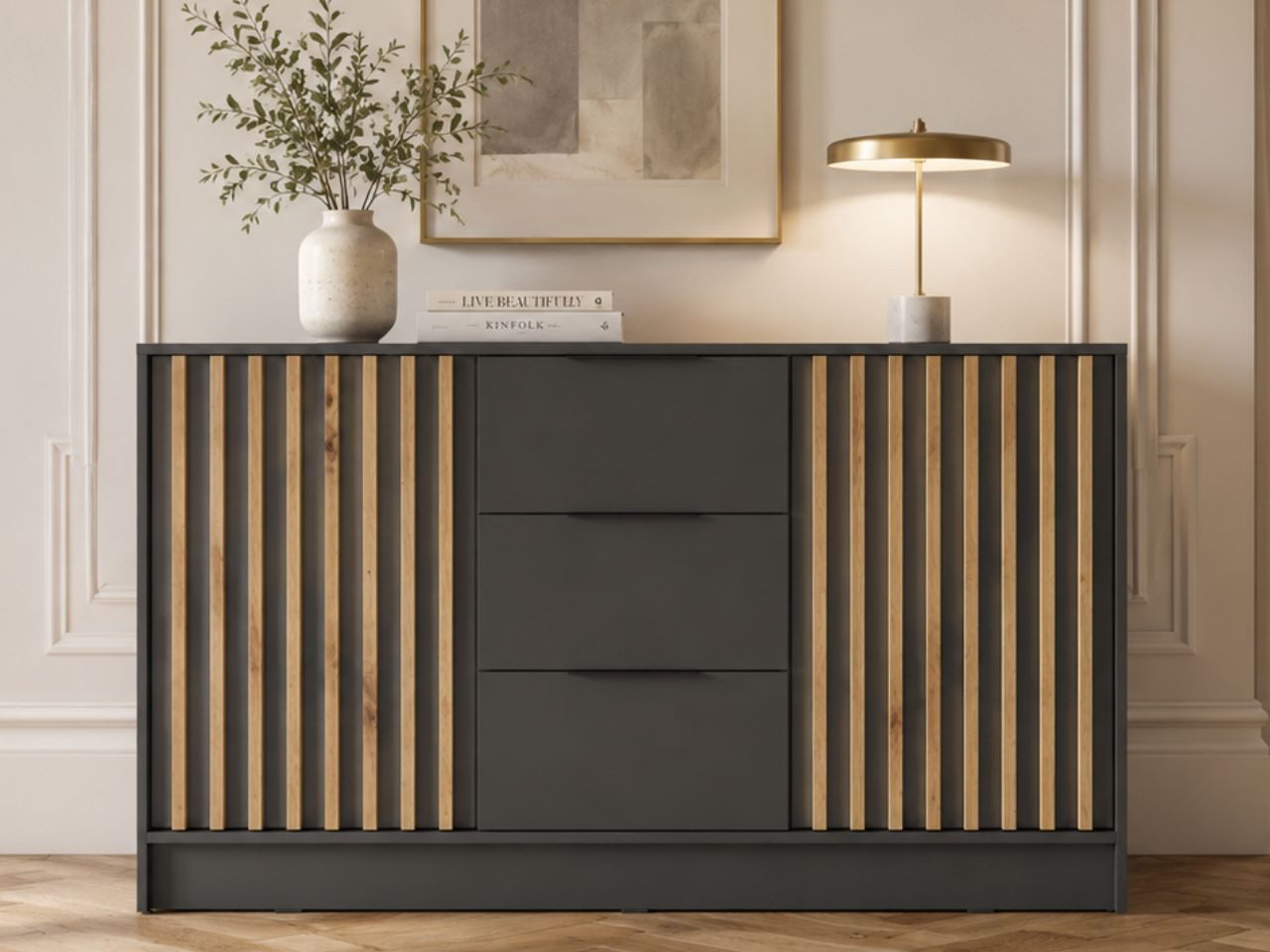 GrainGold Kommode Macron (Set, Kommode, Kunststoffbeine), mit Türen und Schubladen, 155 cm, dekorative Lamellen Schrank
