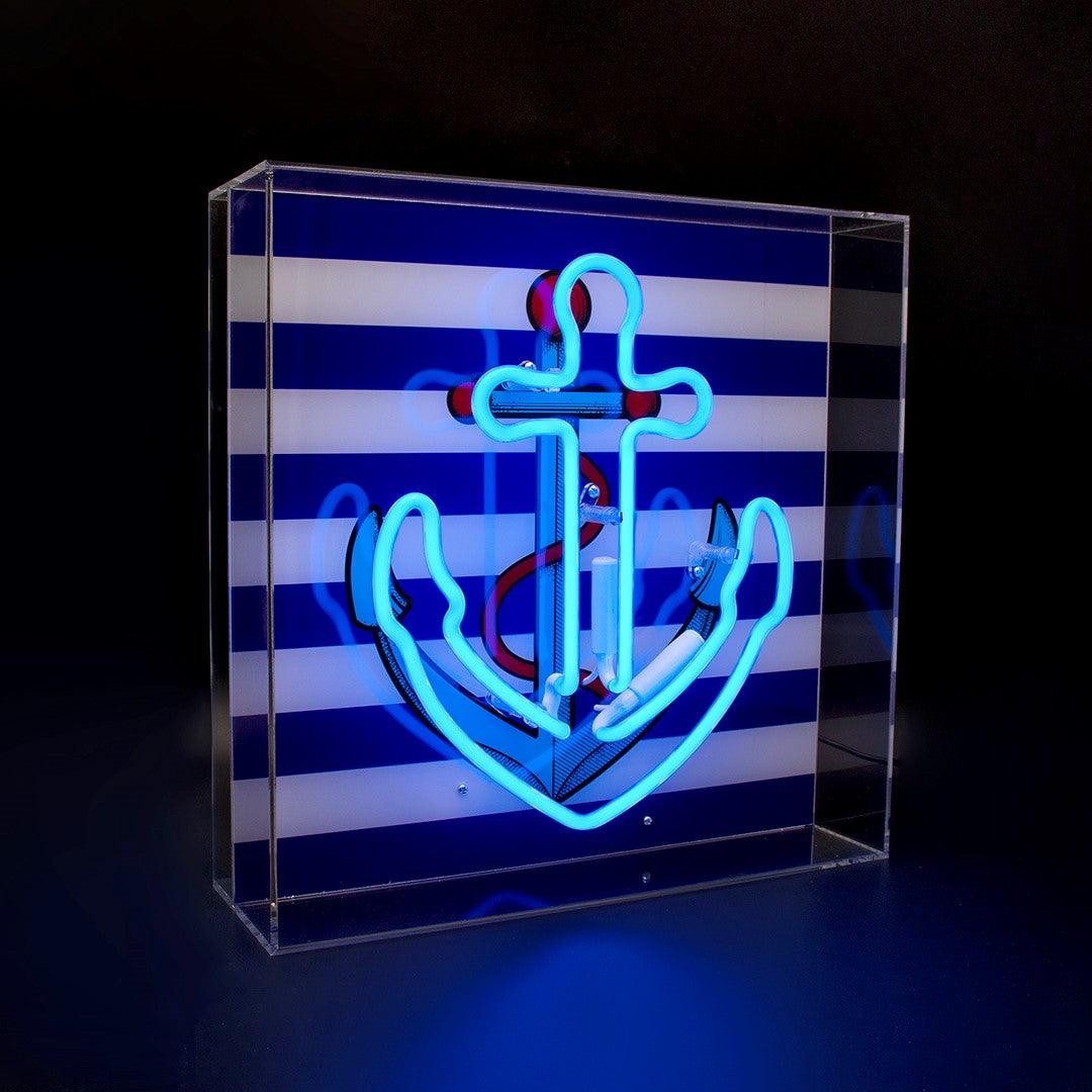 TOM NEON Dekolicht "Anker" Glas Neon Box Neonlampe Stimmungslicht, TOM NEON, Neon, Türkis, Handgefertigt