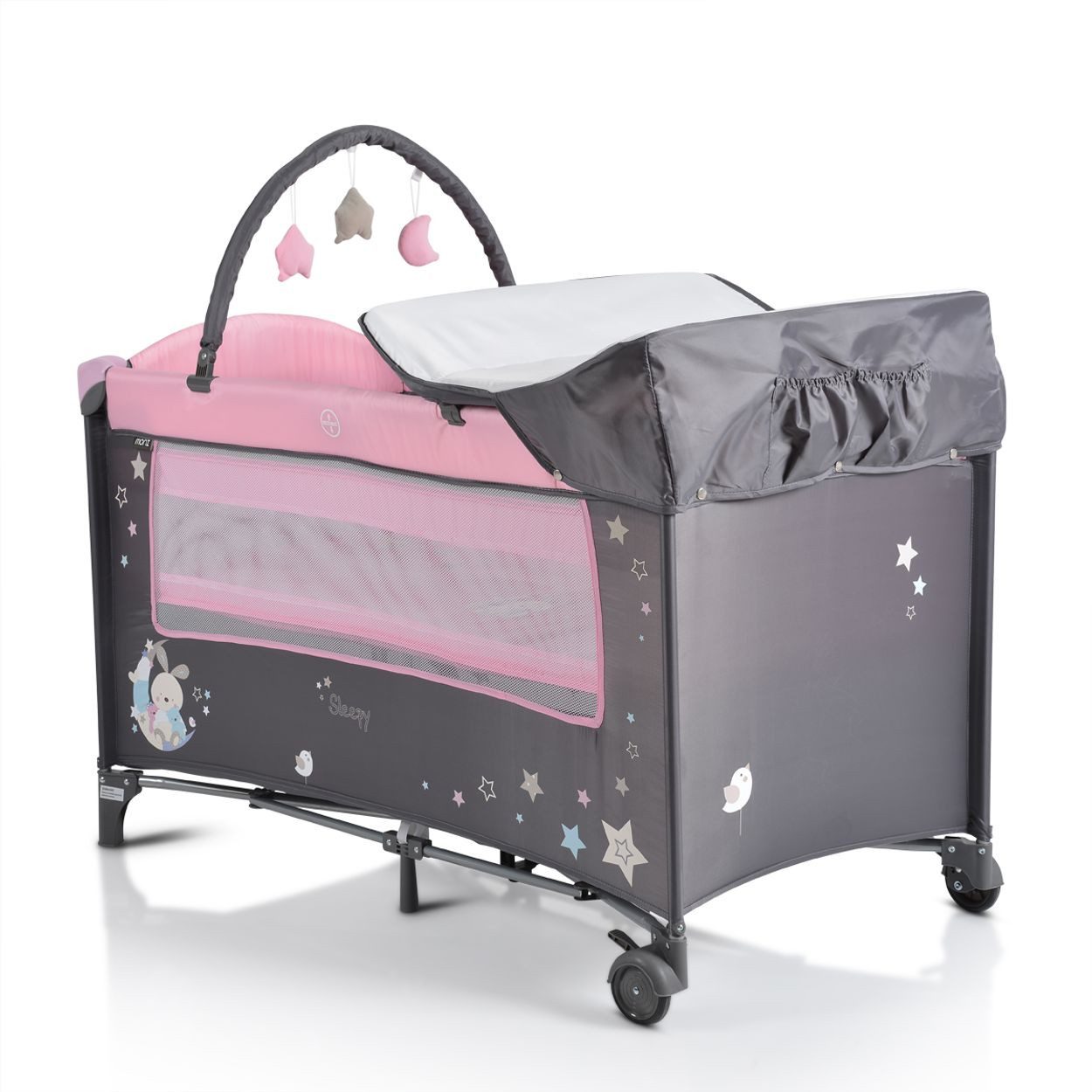 Moni Baby-Reisebett Reisebett Sleepy Rollen, Wickelauflage, Matratze, Spielbogen, Seiteneingang