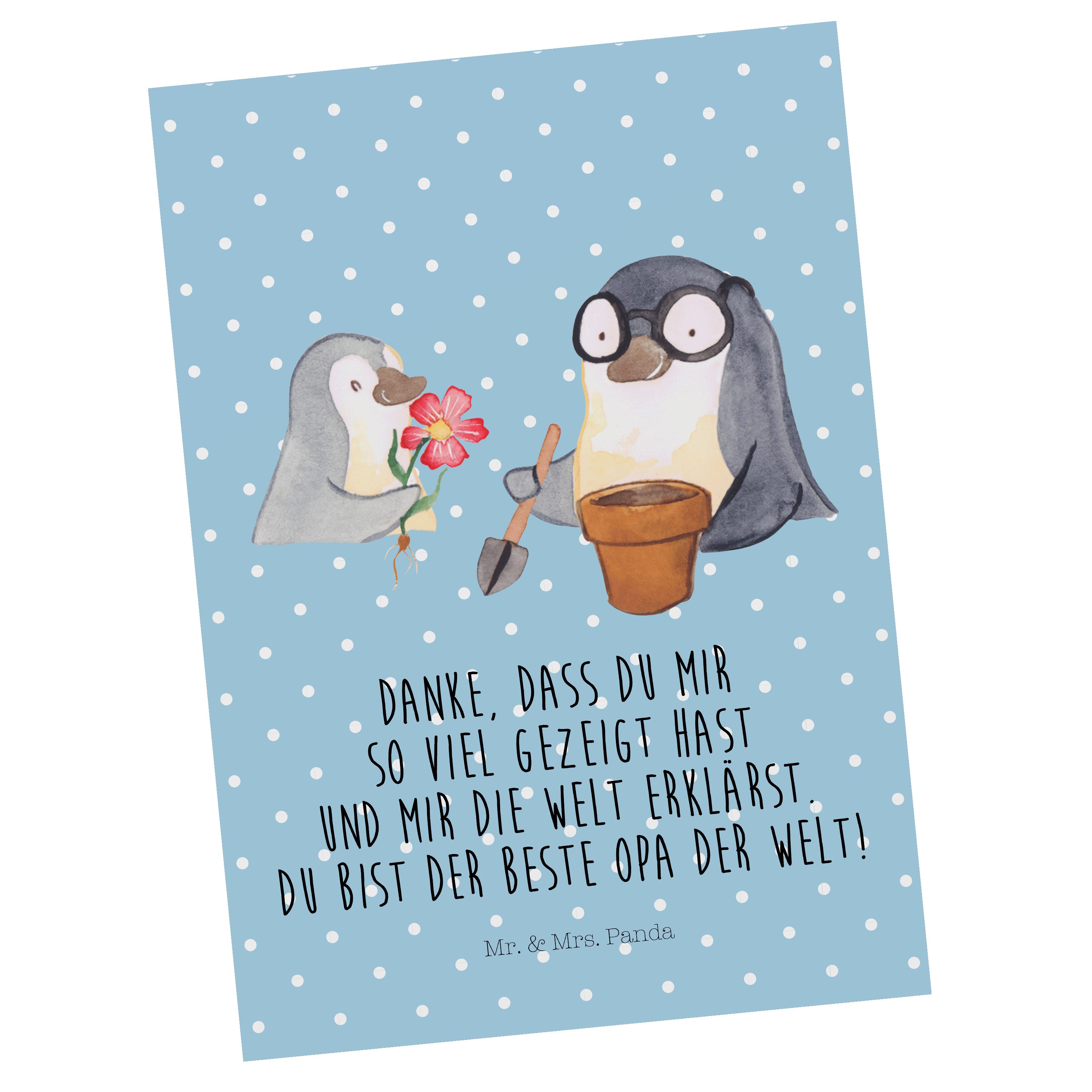 Mr. & Mrs. Panda Postkarte Pinguin Opa Blumen pflanzen - Blau Pastell - Geschenk, bester Opa, Ge