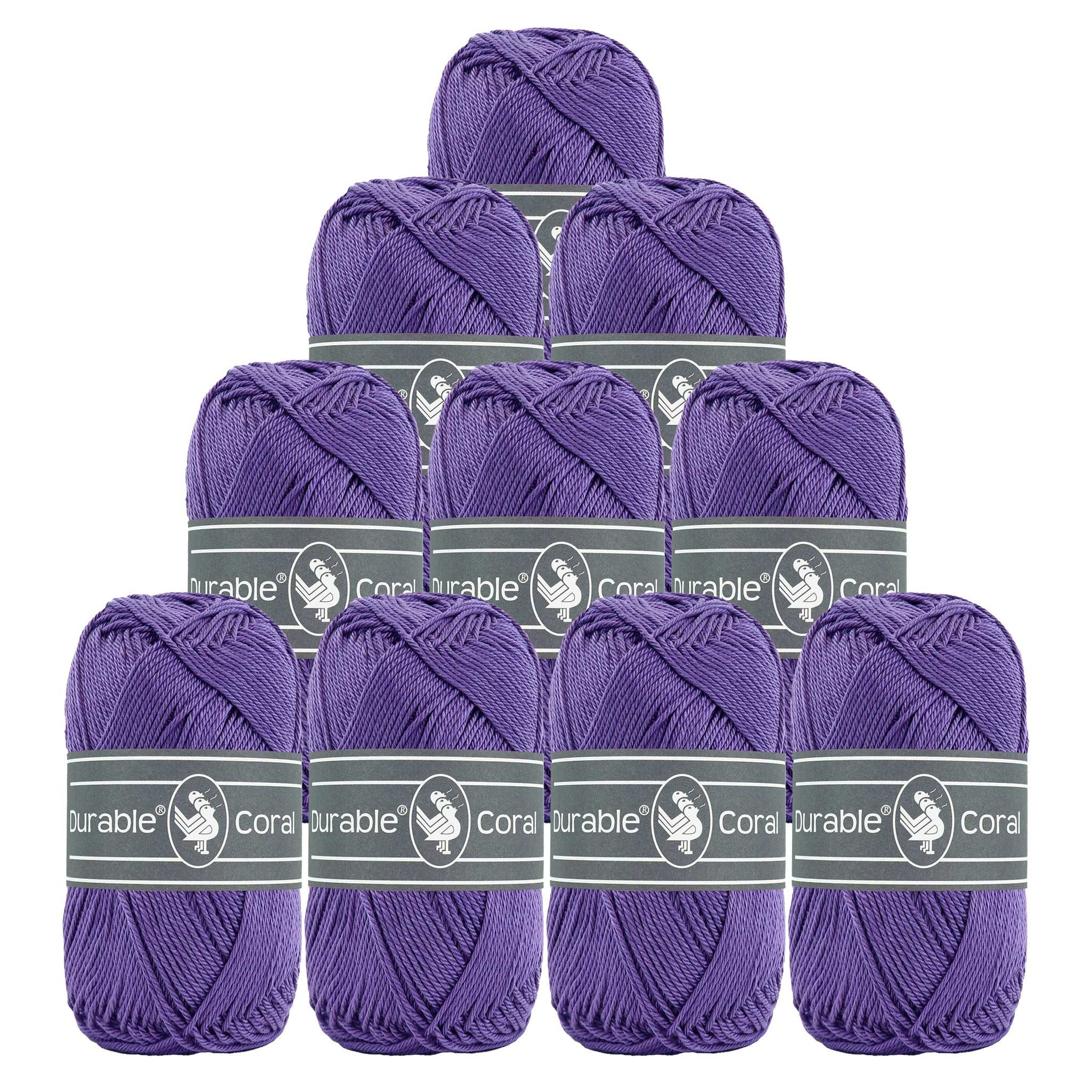 Durable® Yarn 10 x 50g Strick- u. Häkelgarn Durable Coral Baumwolle Sommergarn Häkelwolle, 1250 m (Sparpaket (10 Knäuel je 50g), 357 blaulila