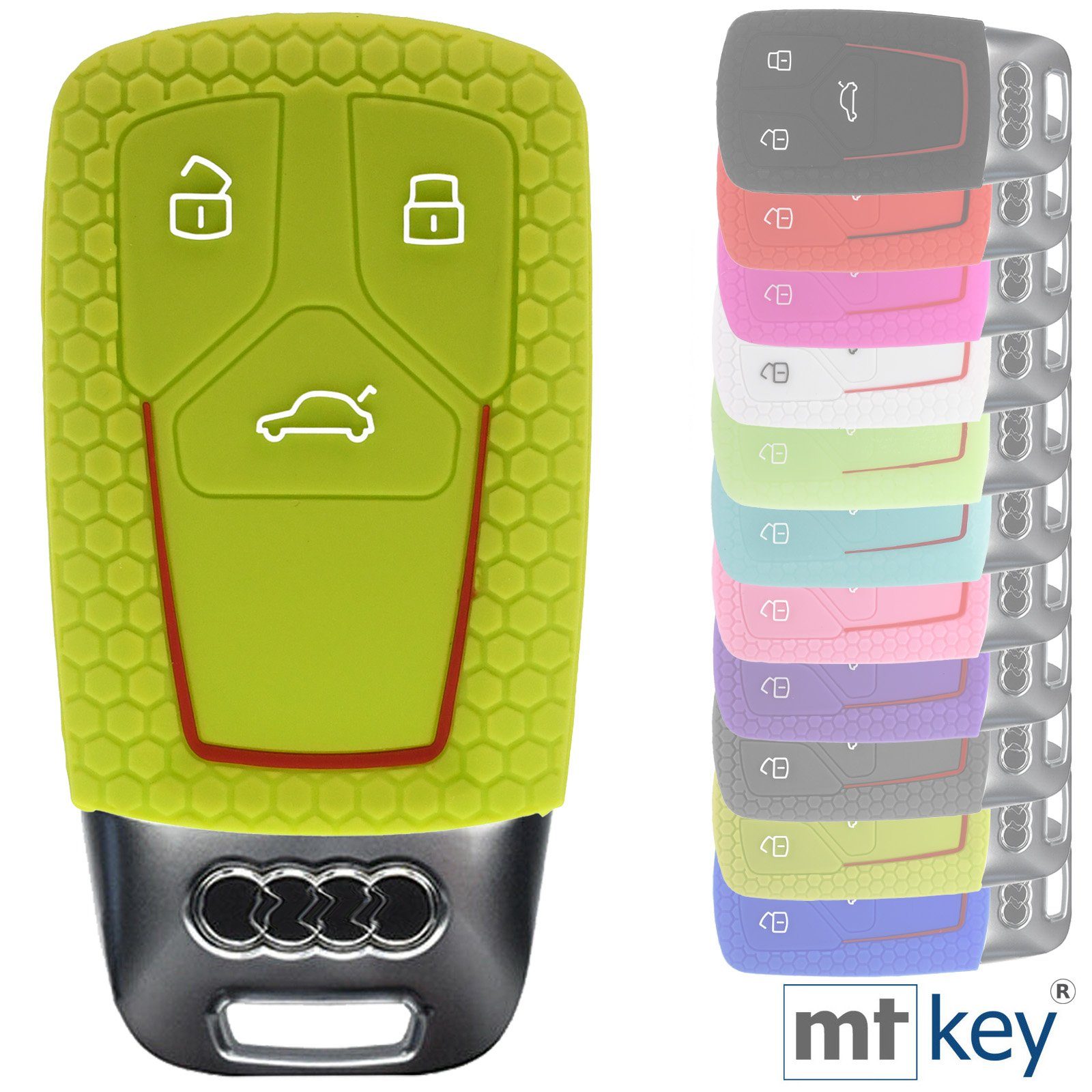 mt-key Schlüsseltasche Autoschlüssel Softcase Silikon Schutzhülle im Wabe Design Apfelgrün, für Audi A4 A5 A6 A7 TT Q2 Q5 Q7 A8 Q8 3 Tasten KEYLESS SMARTKEY