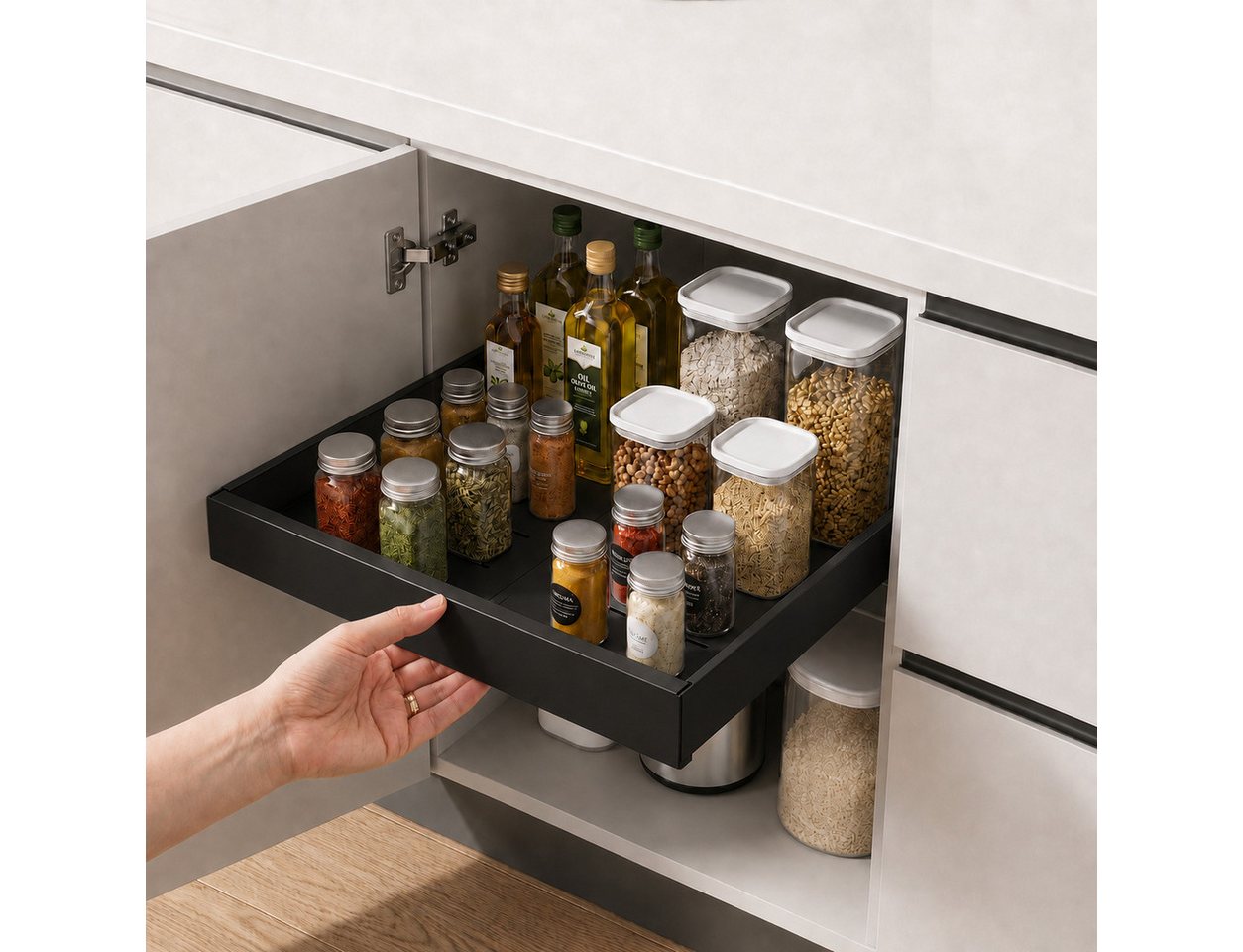 VIVREAL Küchenorganizer-Set Teleskopschublade küche 32–52 / 42–68 cm, ohne Bohren, Carbonstahl, (1-tlg), Flexibel ausziehbar, bis 15 kg belastbar, für Küche Speisekammer