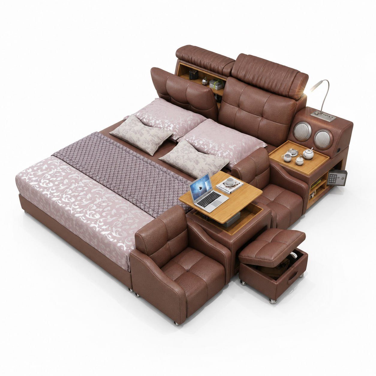 JVmoebel Multimediabett Polsterbett Smartbett mit Massage Lautsprecher und Safe Sofort (Mehrteiliges Set, 1-tlg., Bettgestell inklusive Soundsystem Massagesessel Laptoptisch und Hocker), Made in Europe