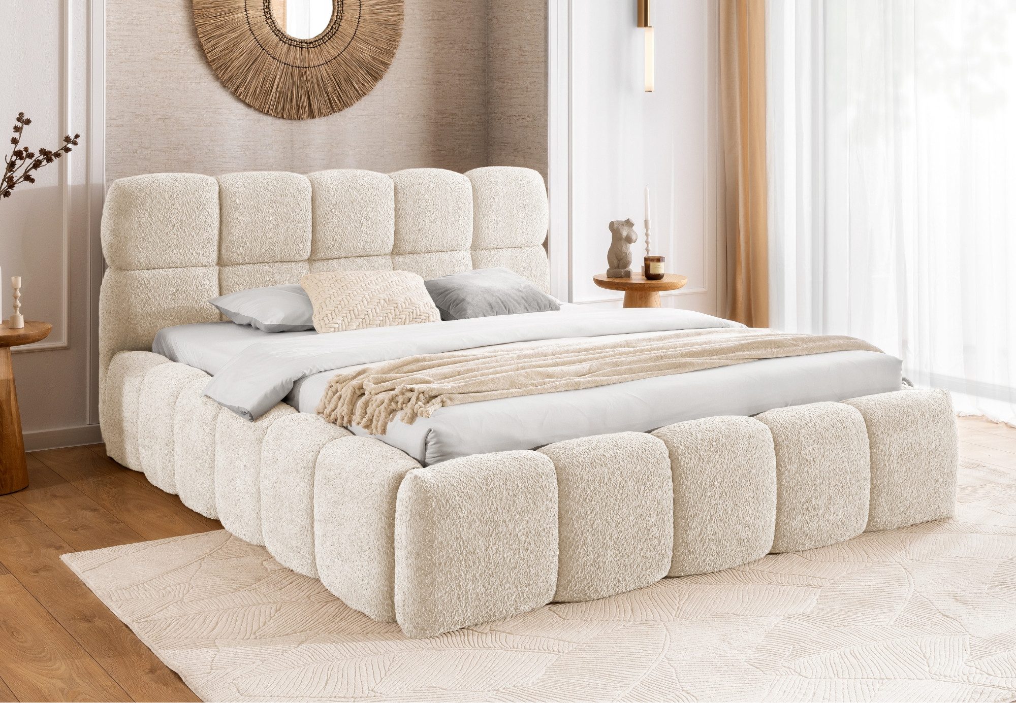 Home Collective Polsterbett Doppelbett Bubble Bett Bettgestell mit Stauraum und Lattenrost (Verfügbare Größen: 120x200, 140x200, 160x200, 180x200, 200x200 cm), Bodennahe Optik mit Metall-Lattenrost und Bettkasten Creme