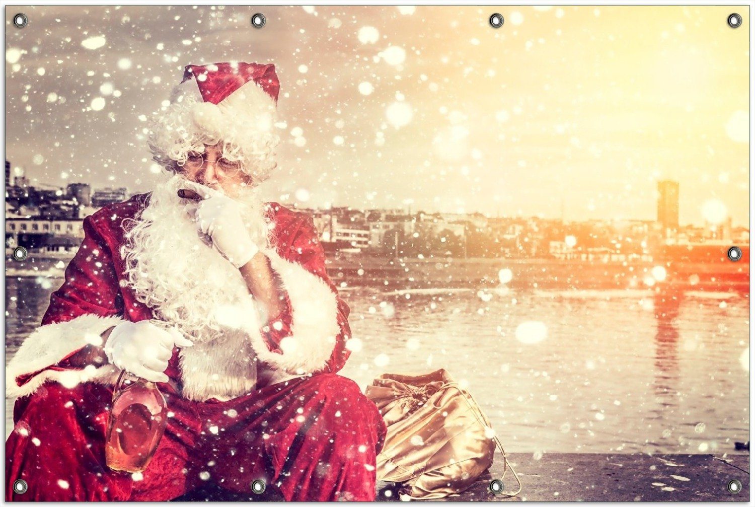 Thumbnail - Wallario Sichtschutzzaunmatten Christmas-Party - Weihnachtsmann mit Schnaps und Zigarre, rund