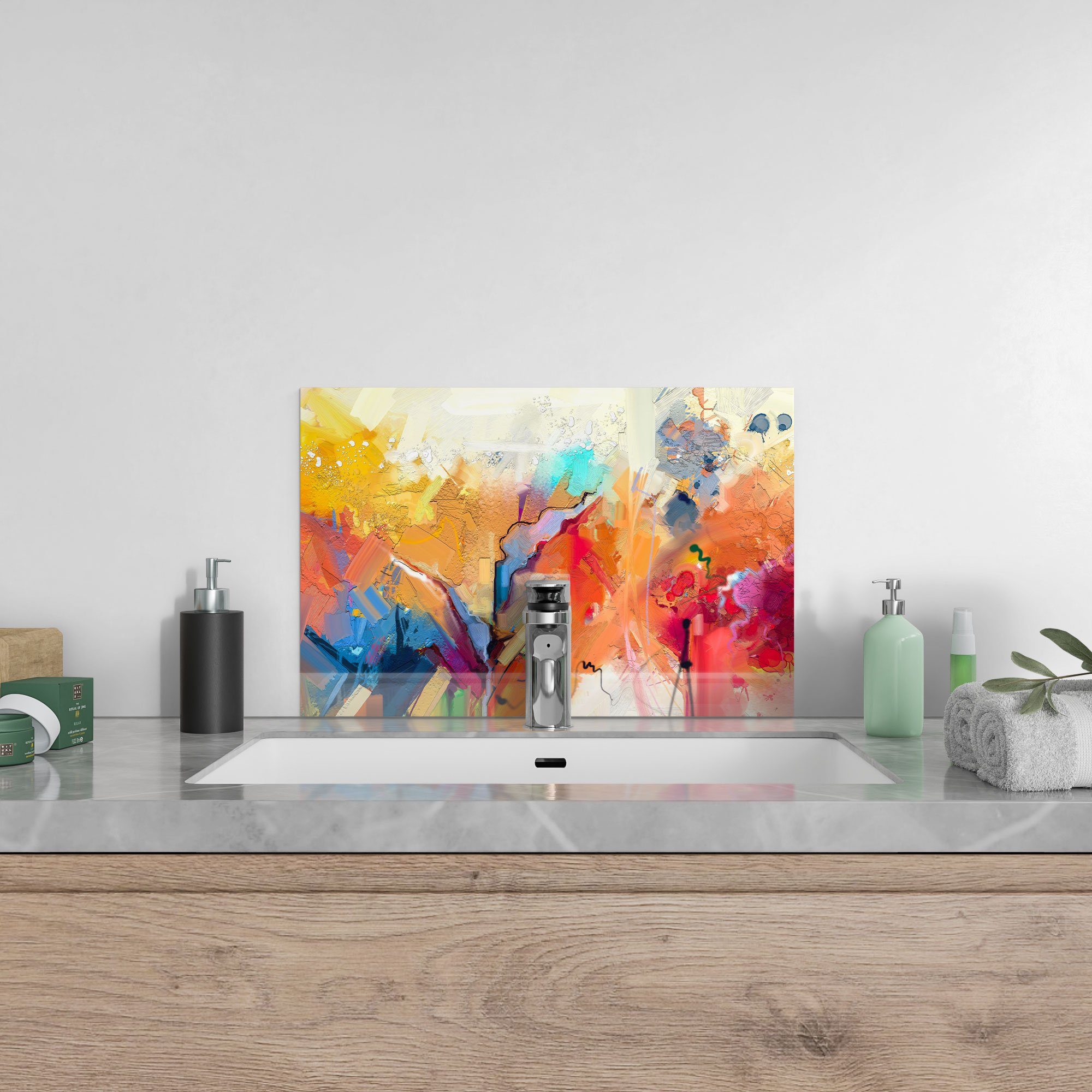 Herdblende Badrückwand Glas Spritzschutz Ölgemälde', 'Farbenreiches DEQORI Küchenrückwand