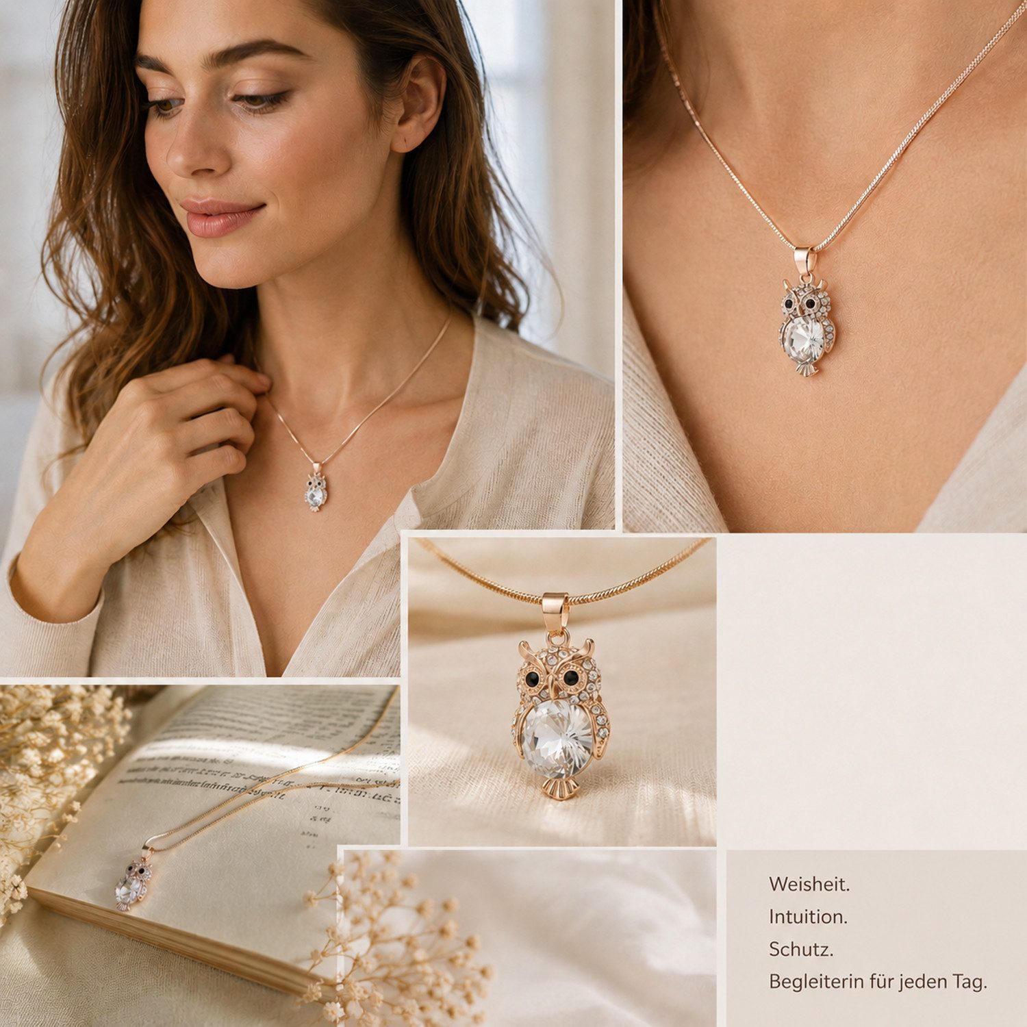 KARMA Kette mit Anhänger Eule Roségold, Silber od. Gold 47 cm Kristalle (1-tlg., Damenhalskette modern Geschenk für Frauen), Damen Eulenkette Halskette