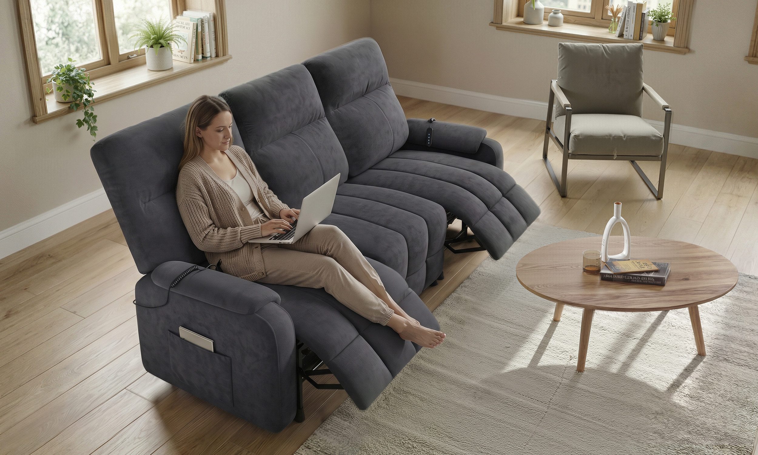 GUNJI Big-Sofa 3er Sitzer Relaxsofa Fernsehsessel, mit Fussteil, Federkern Elektrisch Verstellbar Relaxfunktion Heimkino Sofa