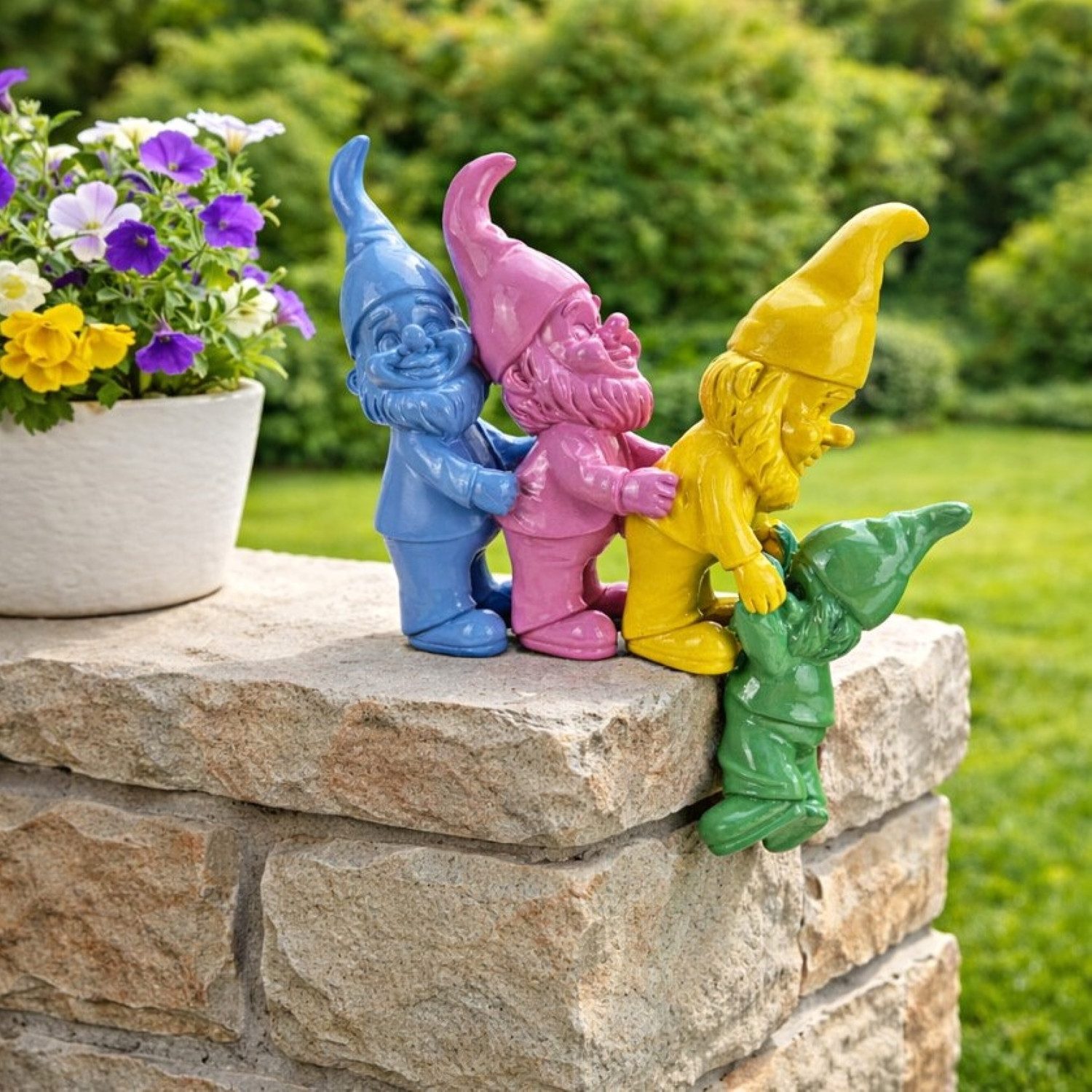 Online-Fuchs Gartenfigur für außen - 4 Wichtel, Gartenzwerge Kantenhocker - Garten Deko Figuren, (bunte Gartendekoration, 24 cm groß), ideal für Steine, auf dem Tisch oder in großen Blumentöpfen