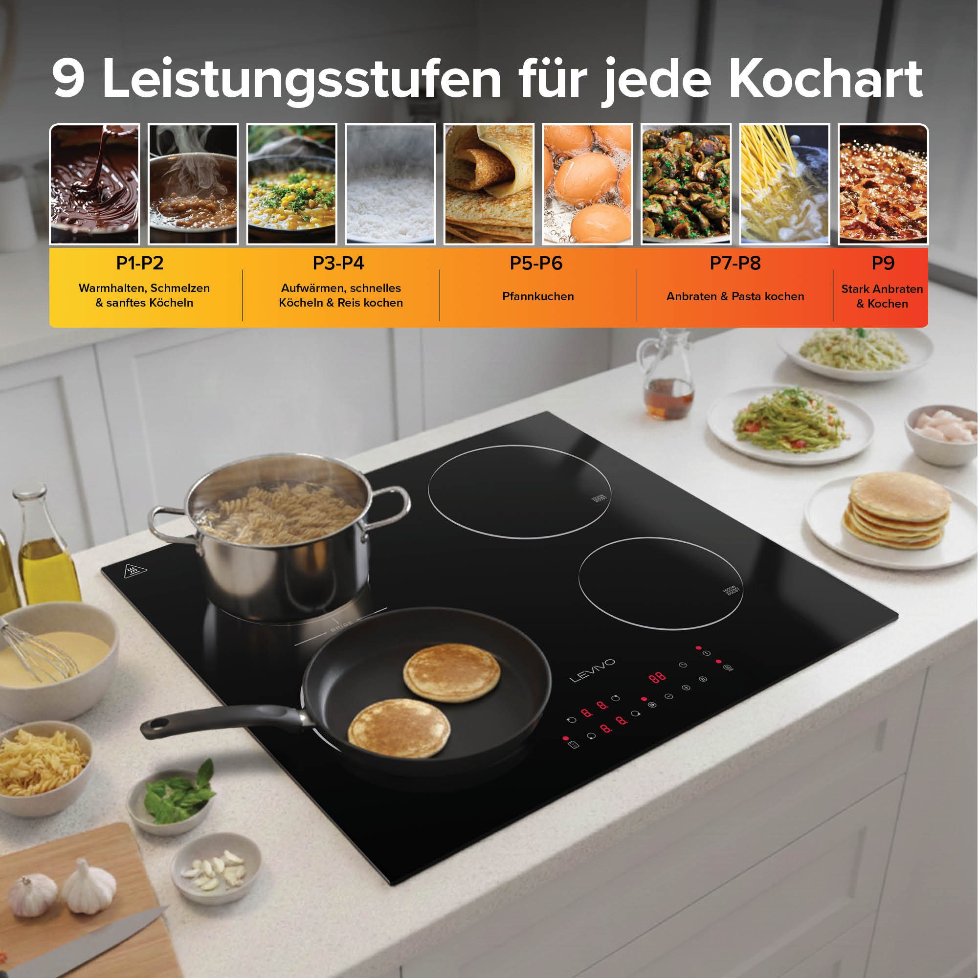 Levivo Induktions-Kochfeld FS-I72S-FFDD07, 4 Platten, 9 Stufen, Booster, Touch-Control, Timer, Bridge Funktion – Bild 4 von 5