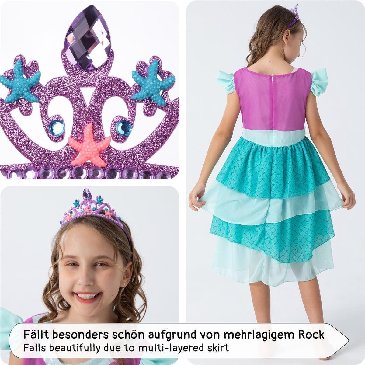 Corimori Prinzessin-Kostüm Meerjungfrau Kleid für Kinder mit Tattoos & Diadem, Meerjungfrauen - Kostüm Kleid für Karneval, türkis, Größe 110/116