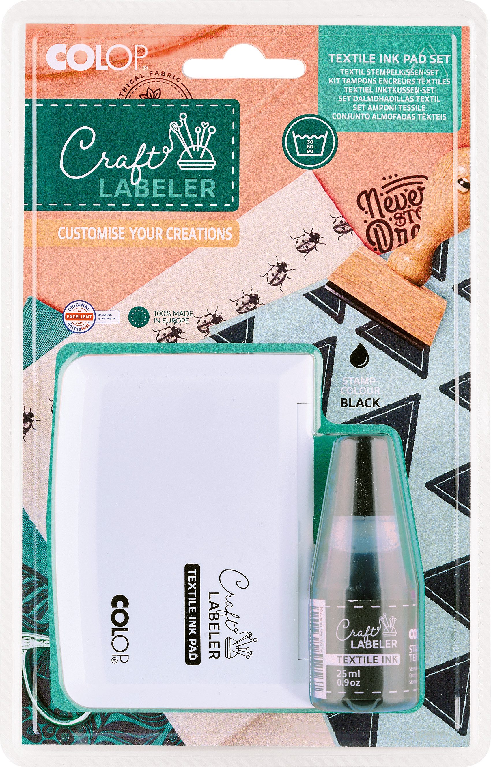 COLOP Stempel Craft Labeler Textilstempelkissen Set, Motivgröße 38 mm