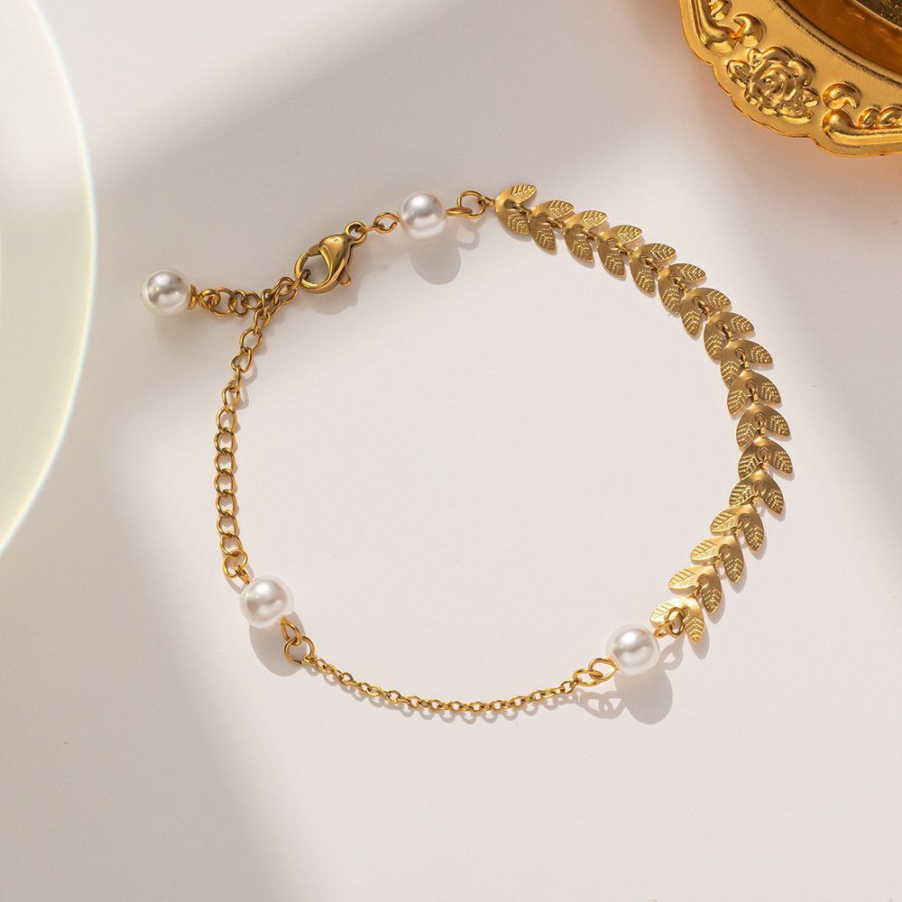 GOLDKLEIN Edelstahlarmband Perlen Lorbeerblatt Edelstahl Gold günstig online kaufen