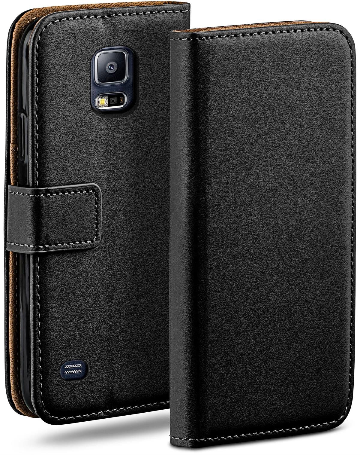 moex Handyhülle für Samsung Galaxy S5 Hülle Klappbar Book Case Schwarz 5,1 Zoll, Klapphülle Kartenfach Flip Cover Handytasche Leder Optik Schutzhülle