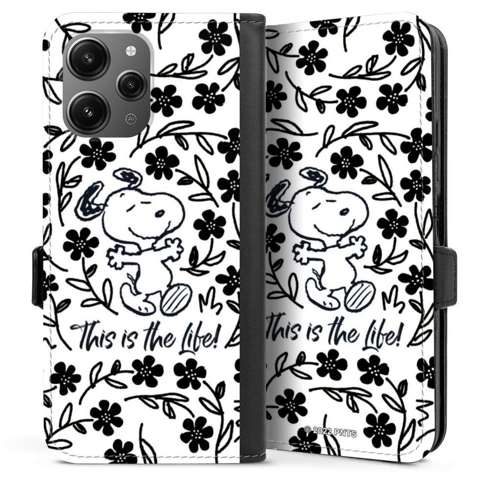 DeinDesign Handyhülle Peanuts Blumen Snoopy Snoopy Black and White This Is The Life, Xiaomi Redmi 12 Hülle Handy Flip Case Wallet Cover Handytasche Leder