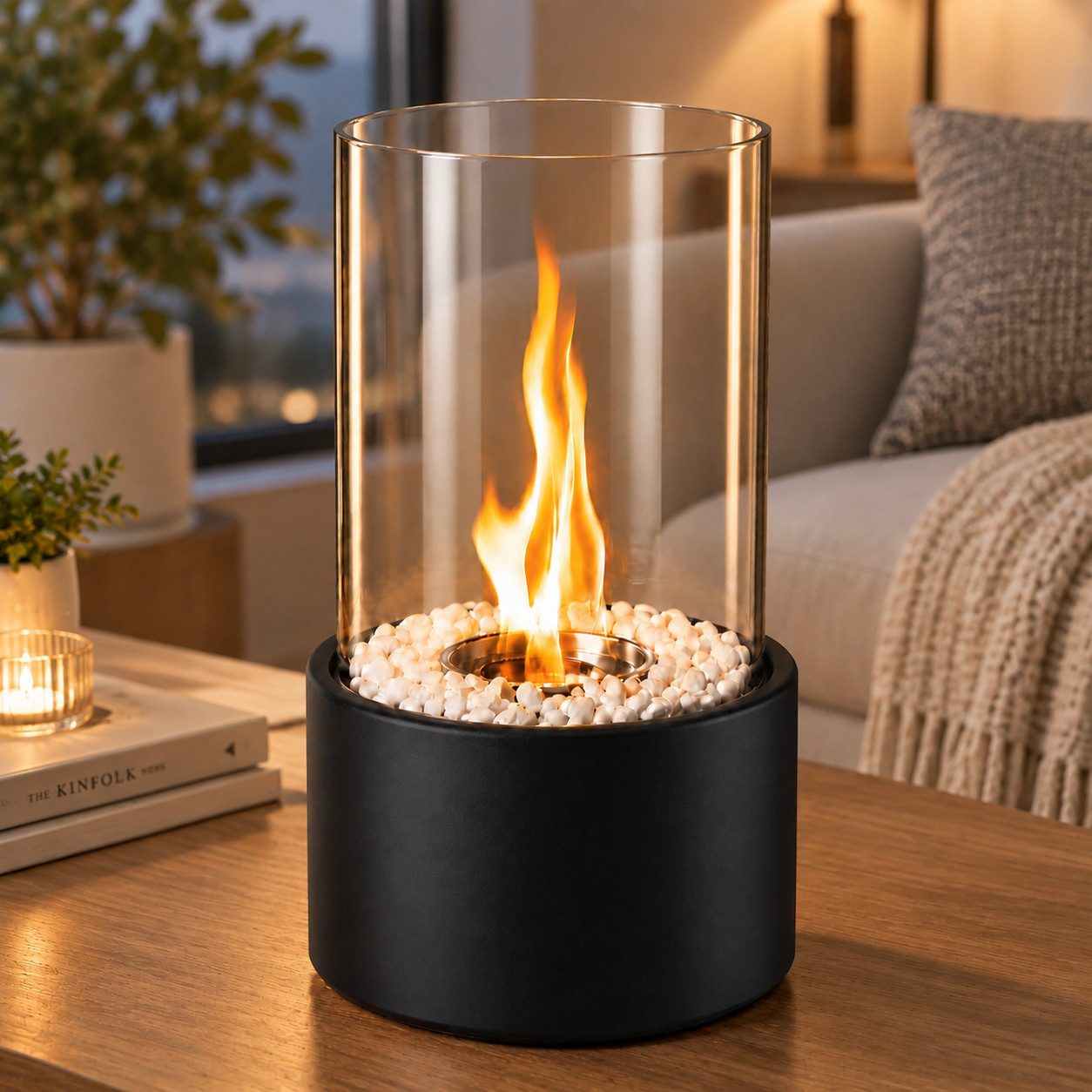 Nettlife Tischfeuer Tischfeuerstelle Rund, Ethanol Tischkamin, Glas Dekosteinen, Schwarz (Set, Für Balkon Schlafzimmer Zuhause), Die Party Geschenkideens oder als stilvolle Tischdekoration