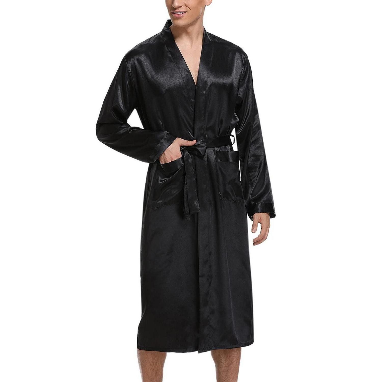 LuxusKollektion Morgenmantel Bademantel Herren Satin Lang Schwarz, Textil, Kimono-Kragen