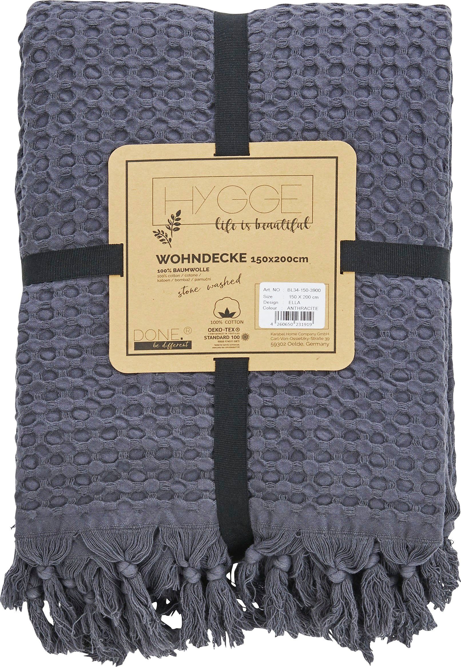 Ella, handgeknoteten Kuscheldecke Waffelstruktur done.®, Wohndecke Wohndecke und mit Fransen,