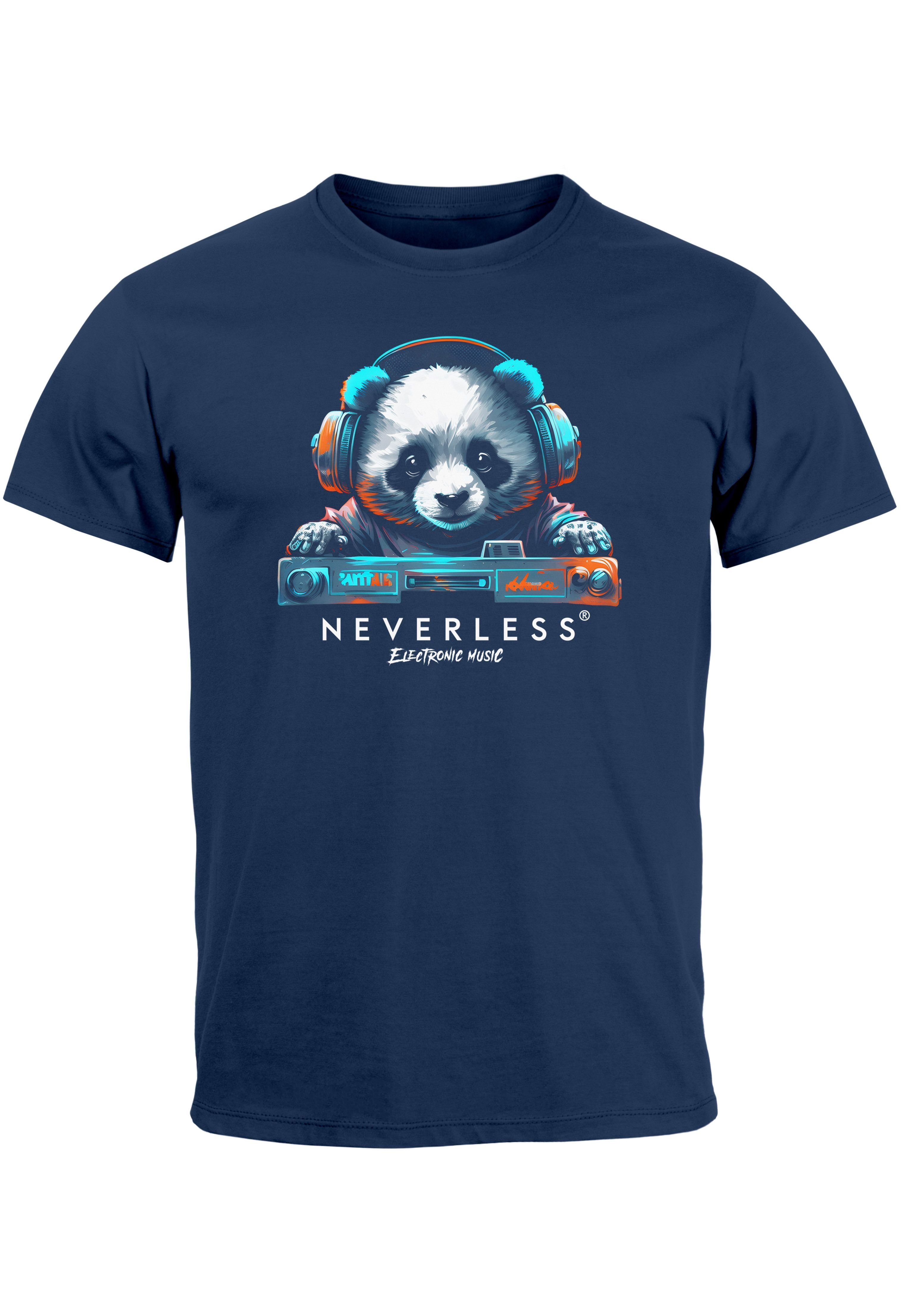 Neverless Print-Shirt Herren T-Shirt Panda Bär Aufdruck Tiermotiv Musik Techo Print Fashion mit Print navy