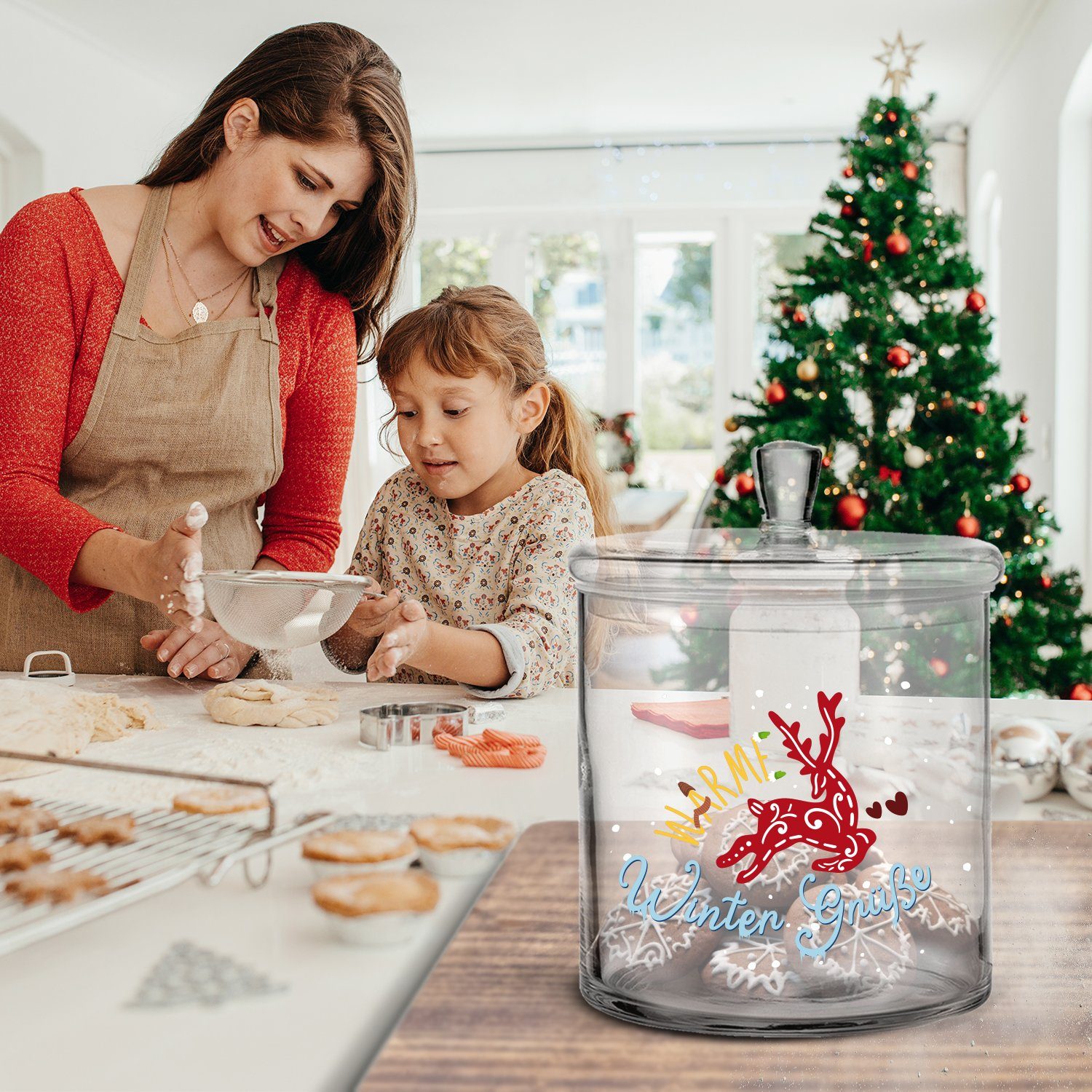 oder - Geschenk Weihnachten Familie Glas, Deckel, Grüße & mit zu - GRAVURZEILE Keksdose Winter Warme Gravur mit für Freunde UV-Druck als