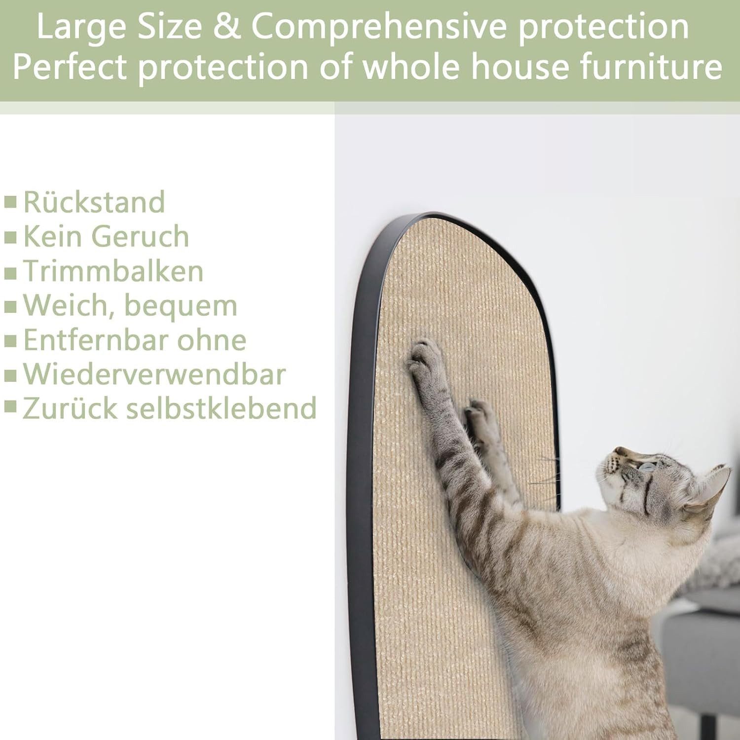Athlix Kratzmatte Selbstklebende Kratzschutzmatte für Sofa & Wand 200 x 40 cm, Schneidbar, selbstklebend, Robustes Polyester-Material