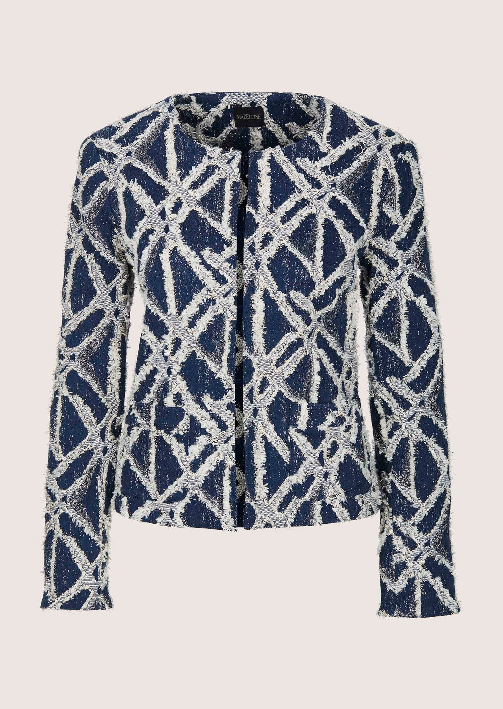 MADELEINE Kurzblazer Jacquardblazer mit Fransen Glanzblazer mit Rundhals, Hakenverschluss, Taschen und Langarm – Bild 5 von 5