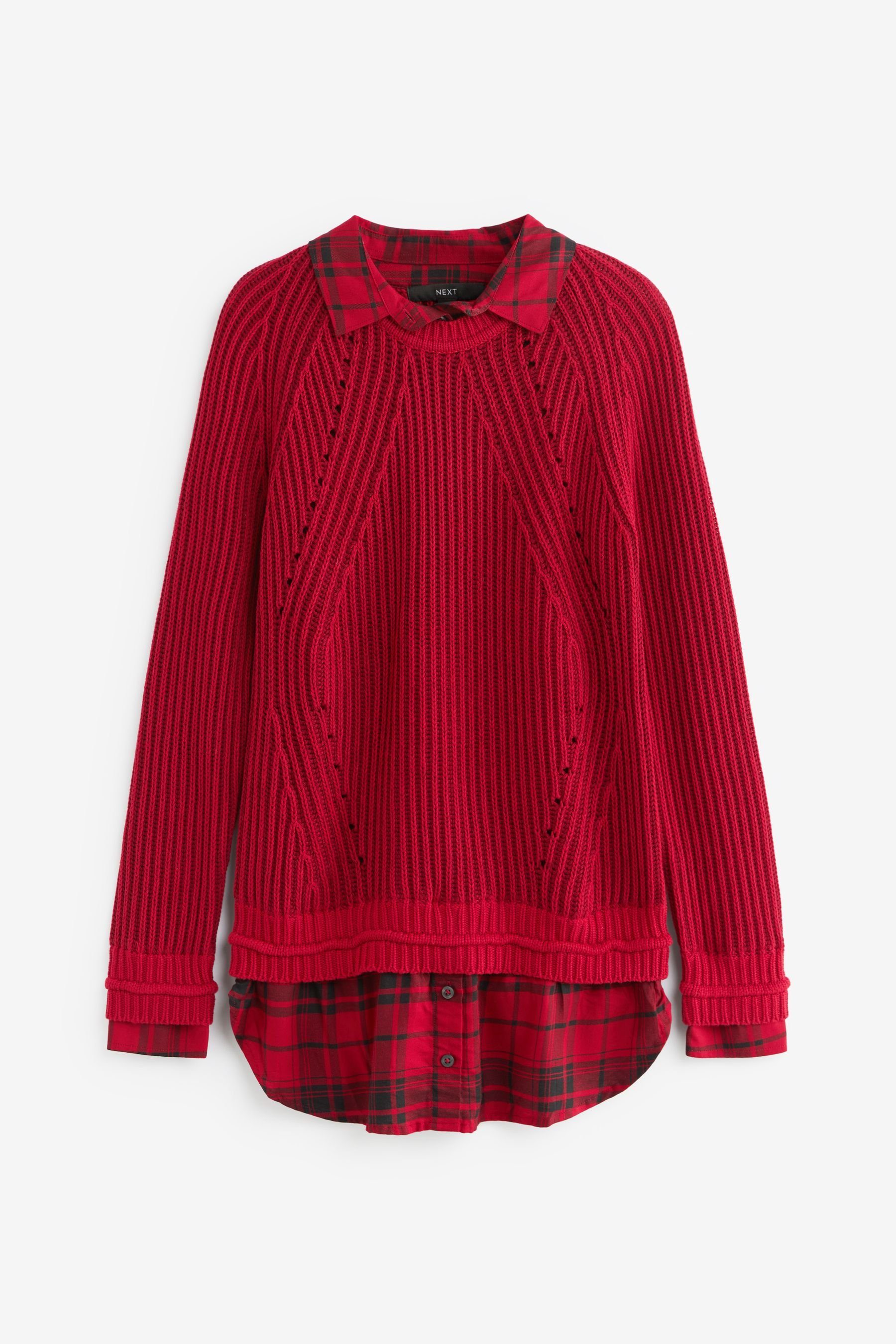 Next 2-in-1-Pullover Karierter Pullover mit Blusendetail (1-tlg) Red
