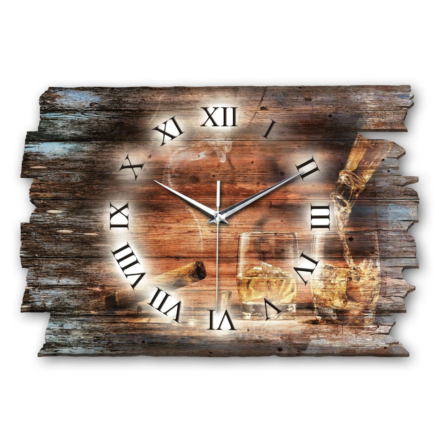 Kreative Feder Funkwanduhr Design-Wanduhr „Whisky & Zigarre“ aus Holz (ohne Ticken, flüsterleises Uhrwerk, außergewöhnlich, modern)