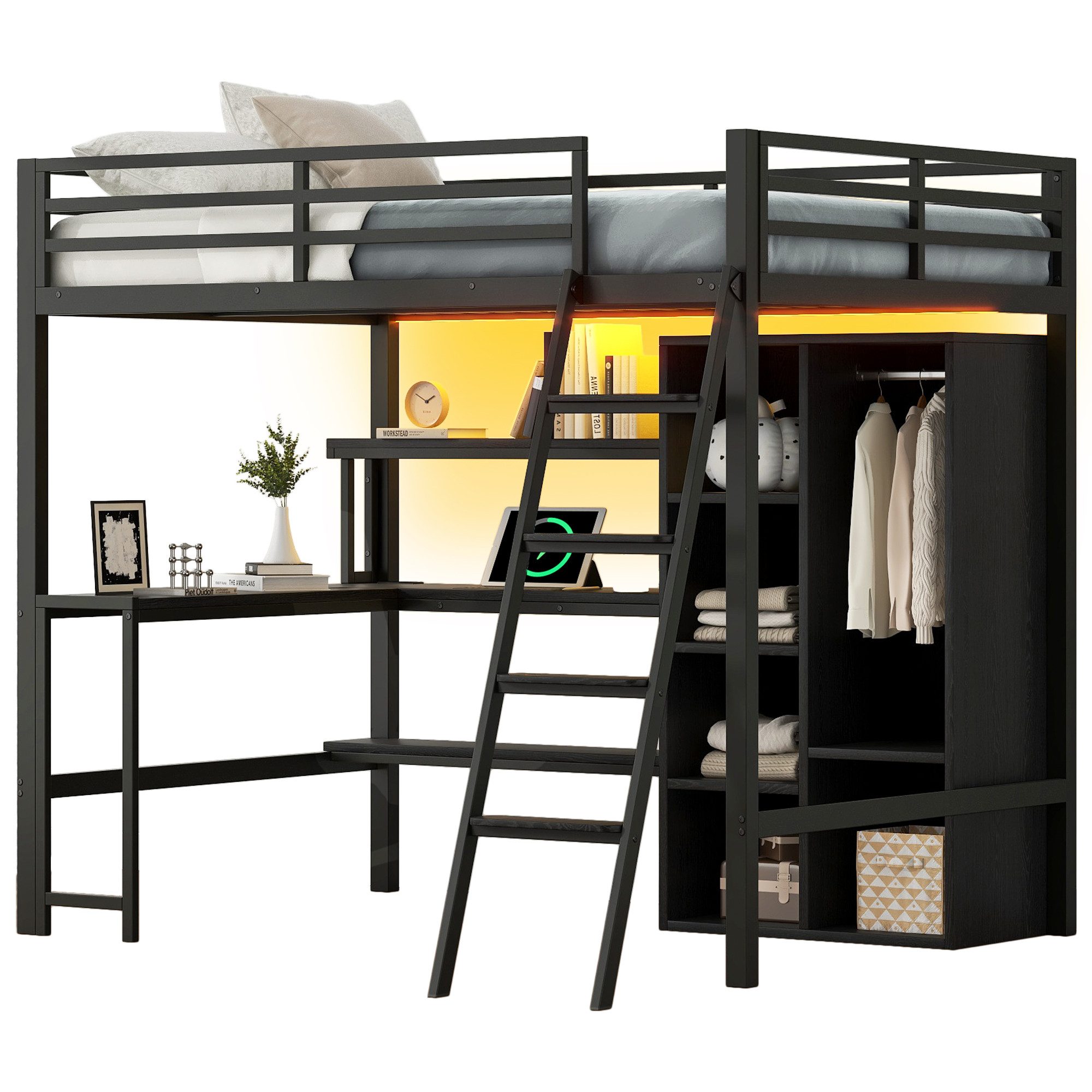 Hochbett Eisenbett, Metall-Hochbett mit Treppe,Schwarz,140x200