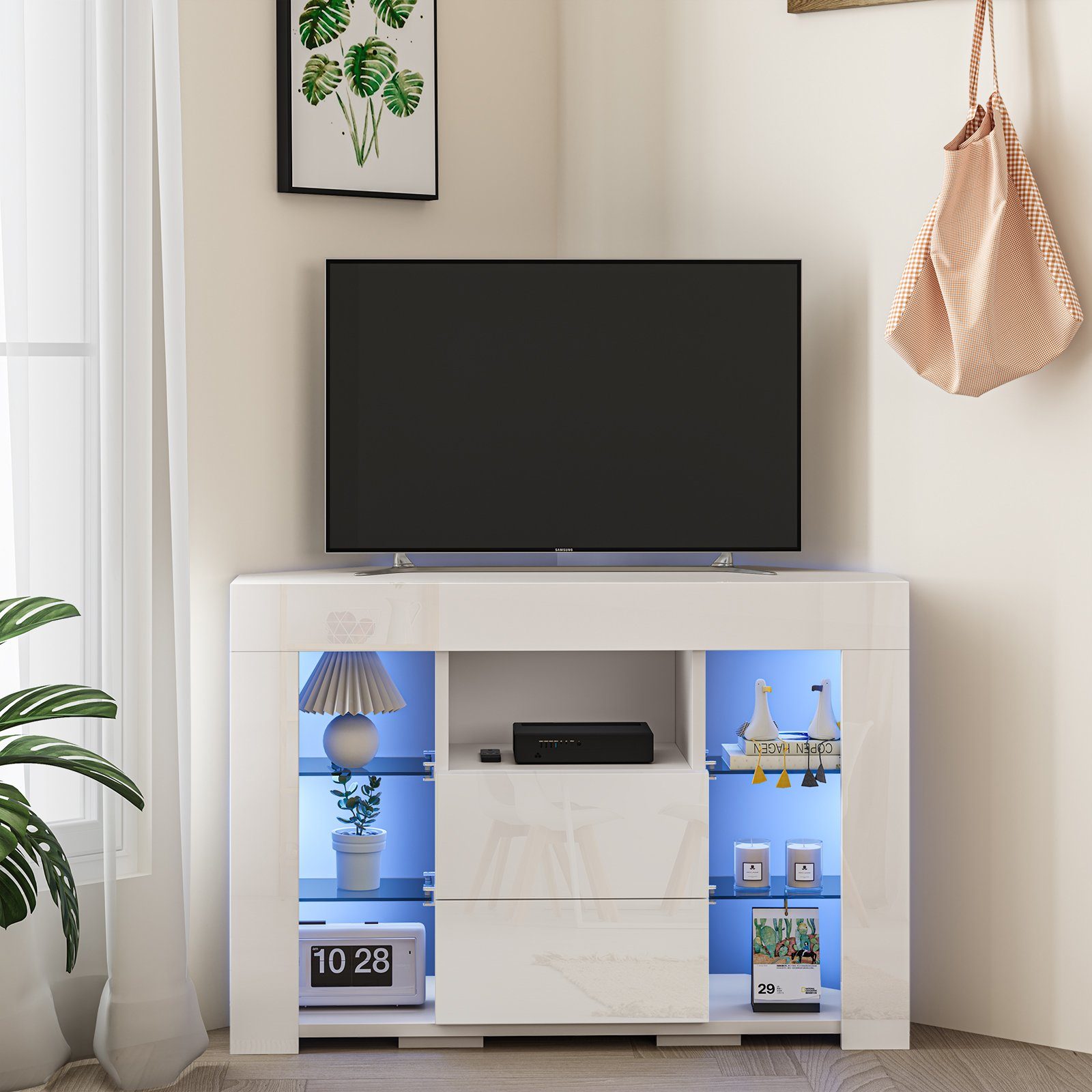 Dripex Lowboard TV Eckschrank Fernsehtisch Hochglanz mit LED 100x40x68 cm, weiß