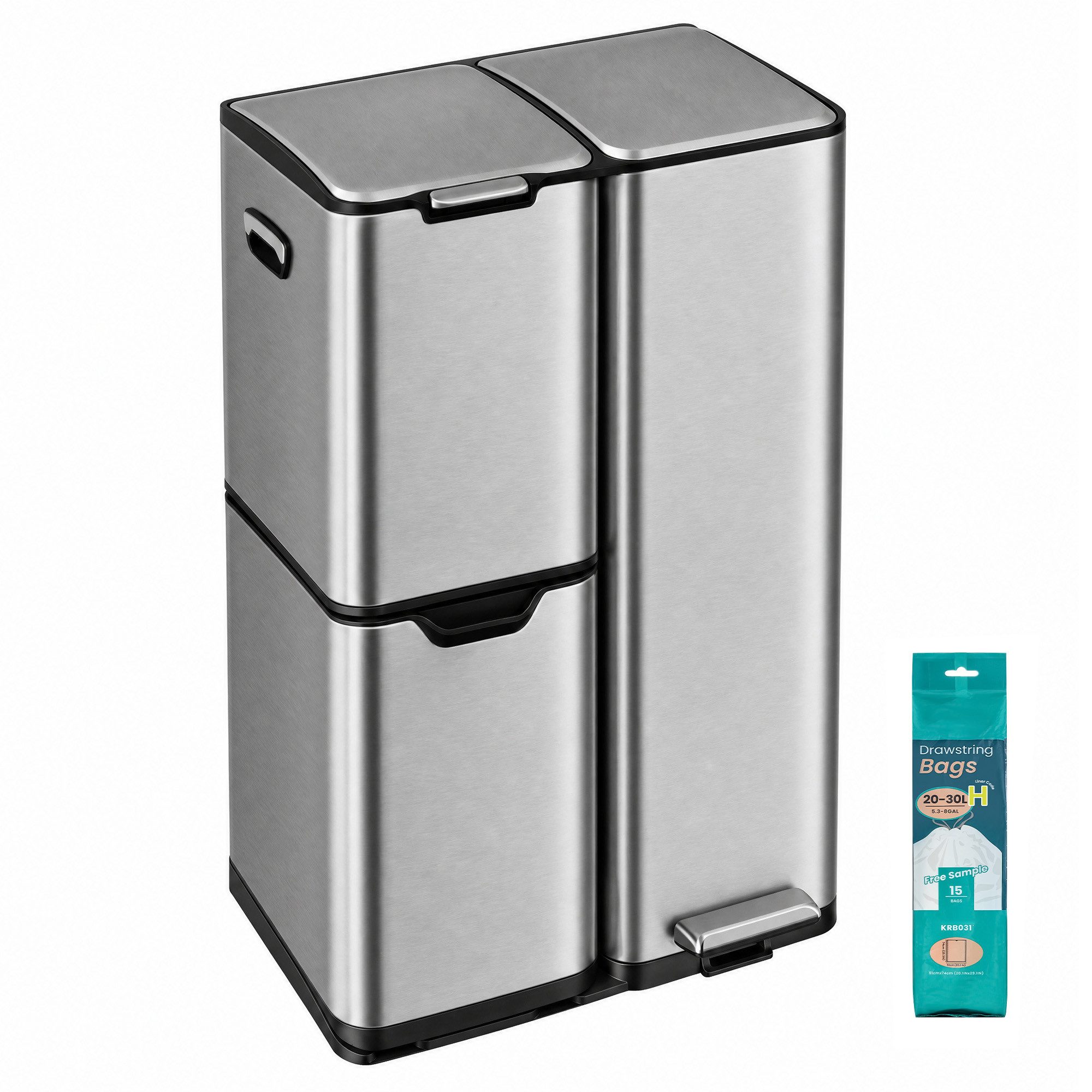 SONGMICS Mülleimer Mülltrennsystem Küche, 60 L Tretmülleimer mit 3 Fächern 46,7 x 39 x 71,9 cm