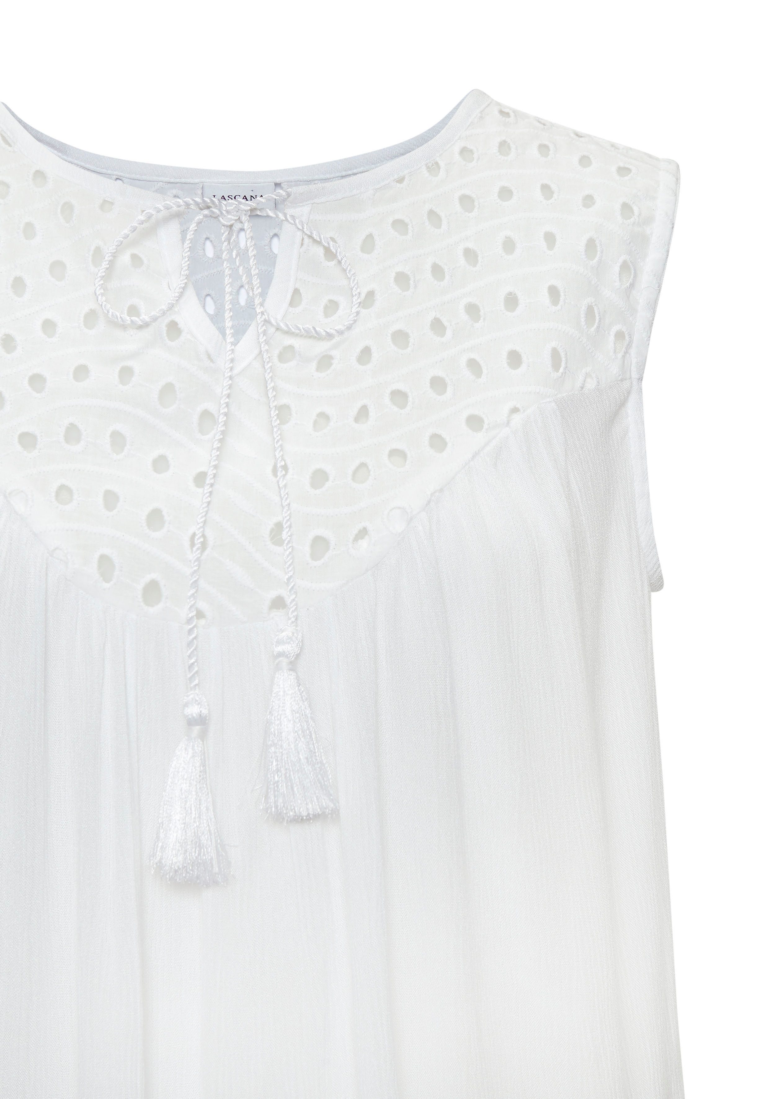 LASCANA Blusentop mit Lochstickerei am Ausschnitt, leicht transparent modische Damenbluse, ärmellose Bluse mit lockerer Passform, Boho-Stil – Bild 5 von 5