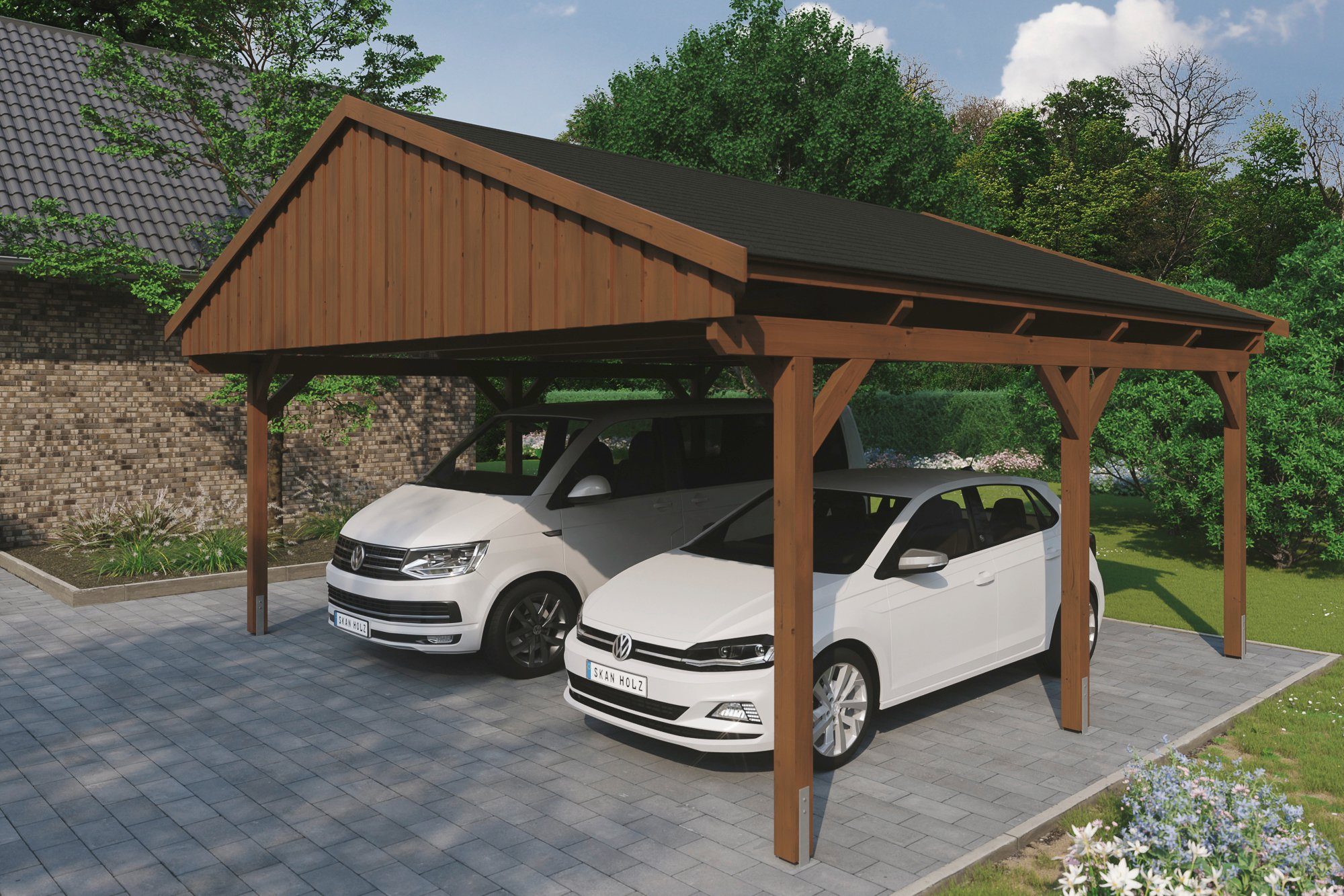 Skanholz Doppelcarport cm, mit Einfahrtshöhe, Schindeln schwarzen BxT: 618x566 cm 574 Fichtelberg