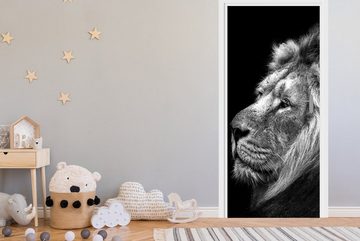 MuchoWow Türtapete Löwe vor schwarzem Hintergrund in schwarz und weiß, Matt, bedruckt, (1 St), Fototapete für Tür, Türaufkleber, 75x205 cm