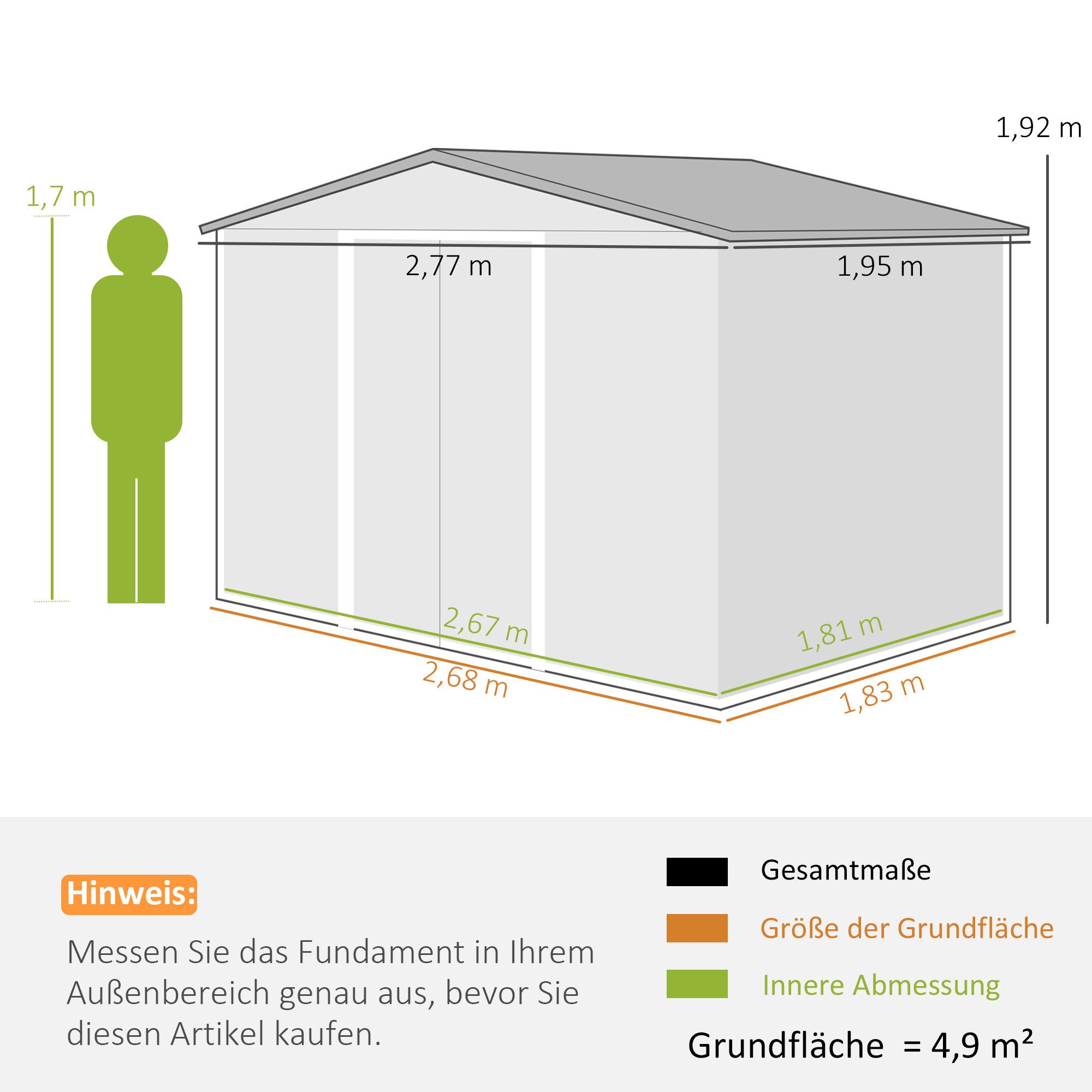 Outsunny Gerätehaus Gartenhaus mit Schiebetür, Fundament, Geräteschuppen, BxT: 277x195 cm, (Gartenhaus, 1 St., Geräteschuppen), aus Verzinkter Stahl, für Hinterhof, Garten, Dunkelgrau