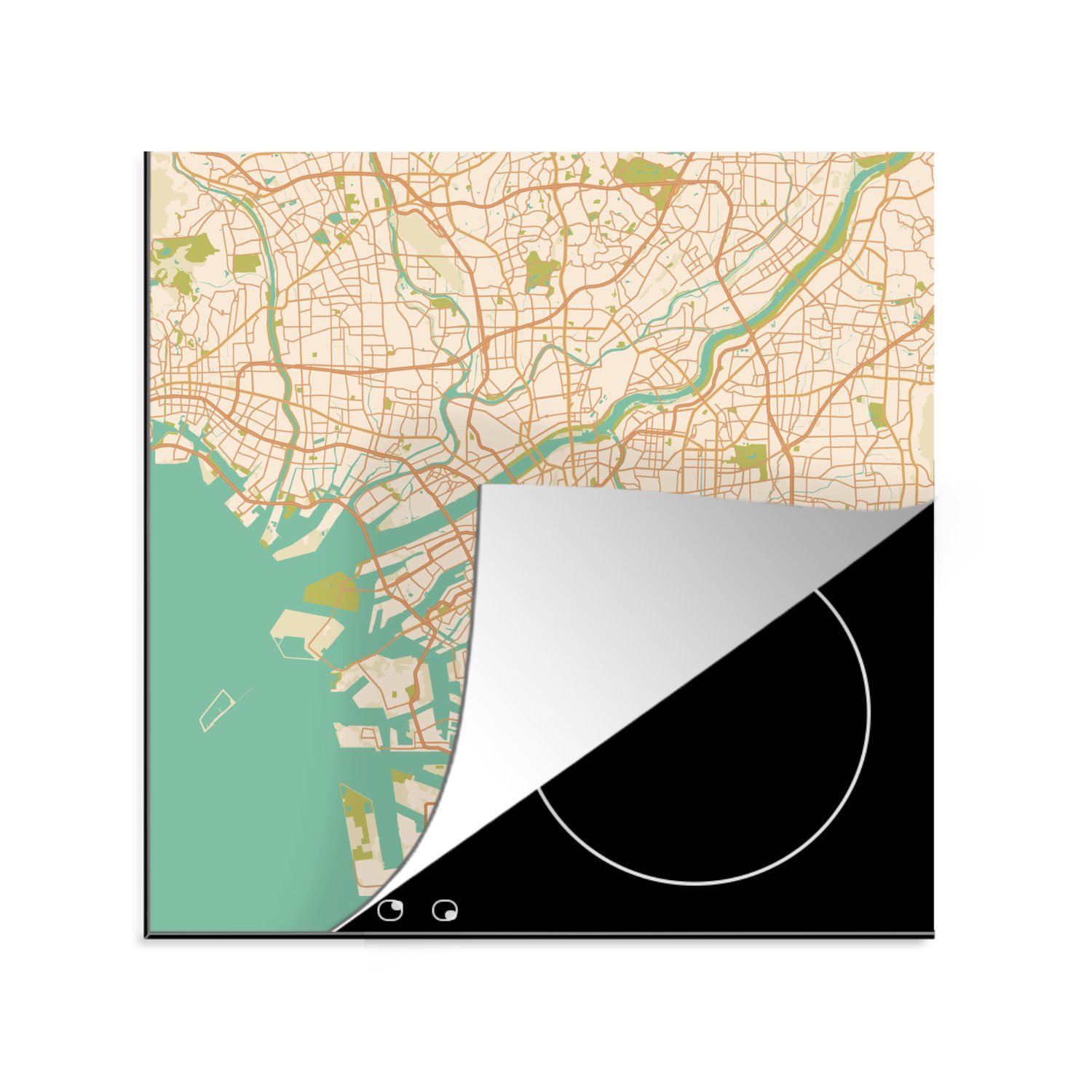 Ceranfeldabdeckung, - - cm, Vintage Stadtplan für MuchoWow Herdblende-/Abdeckplatte Vinyl, 78x78 - (1 tlg), Karte, Karte küche Arbeitsplatte Osaka -