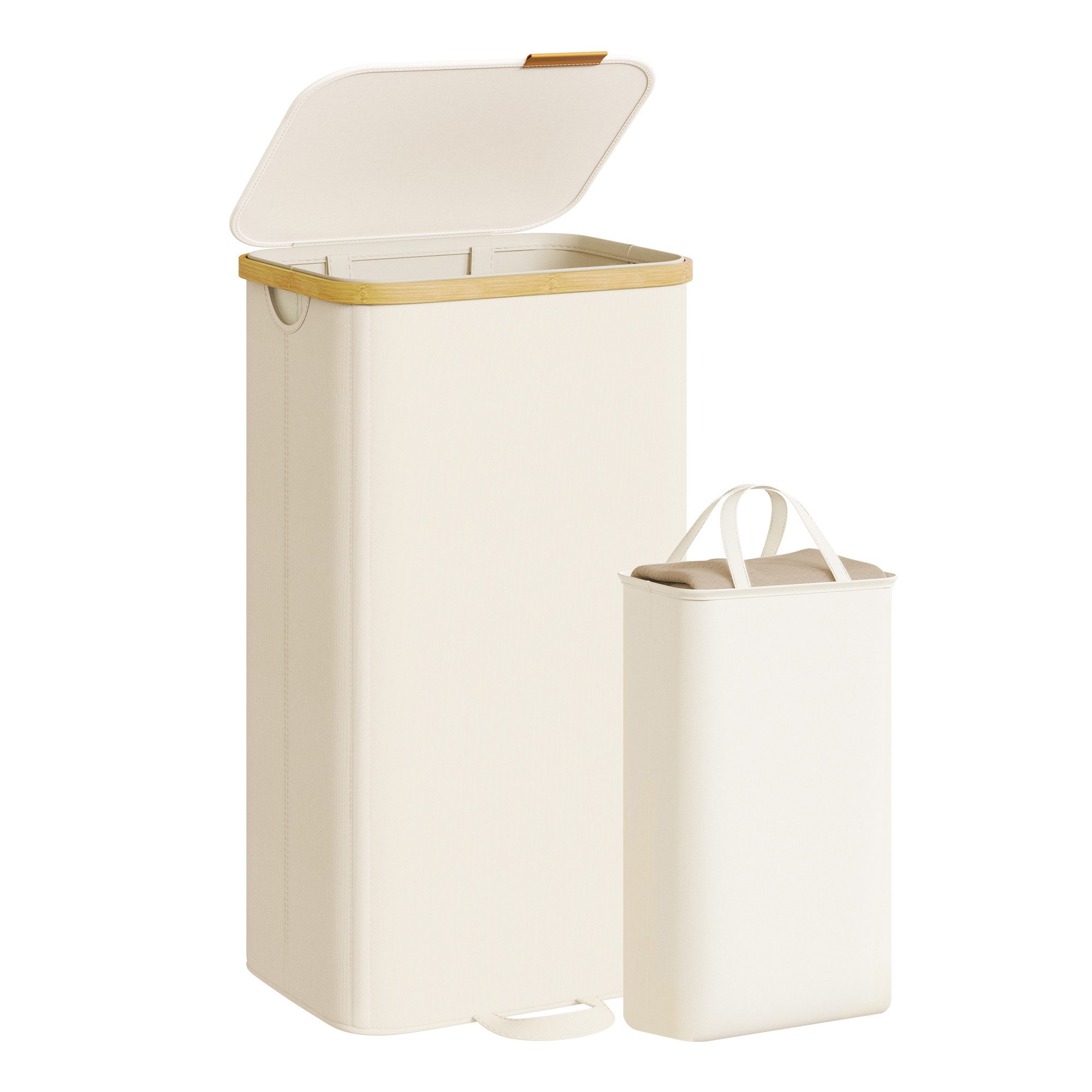 SONGMICS Wäschekorb mit Deckel, Wäschesammler, Wäschetonne, für Waschküche, Schlafzimmer, Wäschesack herausnehmbar, Bambusrahmen, 100 Liter