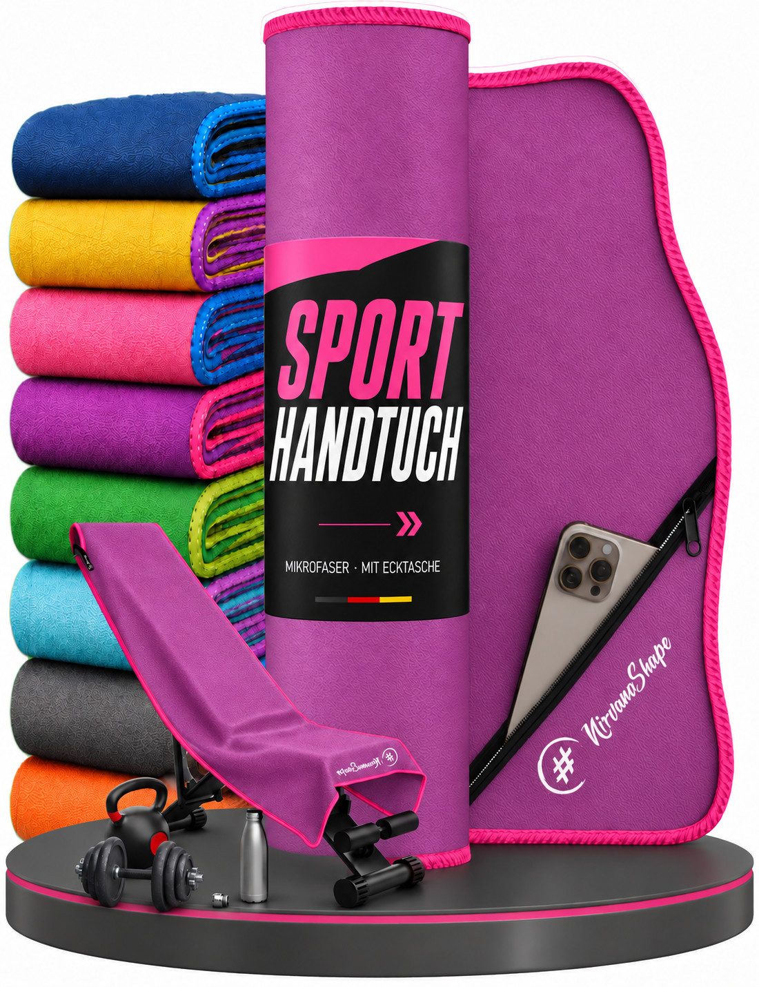 NirvanaShape Sporthandtuch NirvanaShape Mikrofaser Fitnesshandtuch mit Ecktasche und Knöpfen, saugfähig, leicht, schnelltrocknend, für Reisen, Fitness, Yoga, Sauna