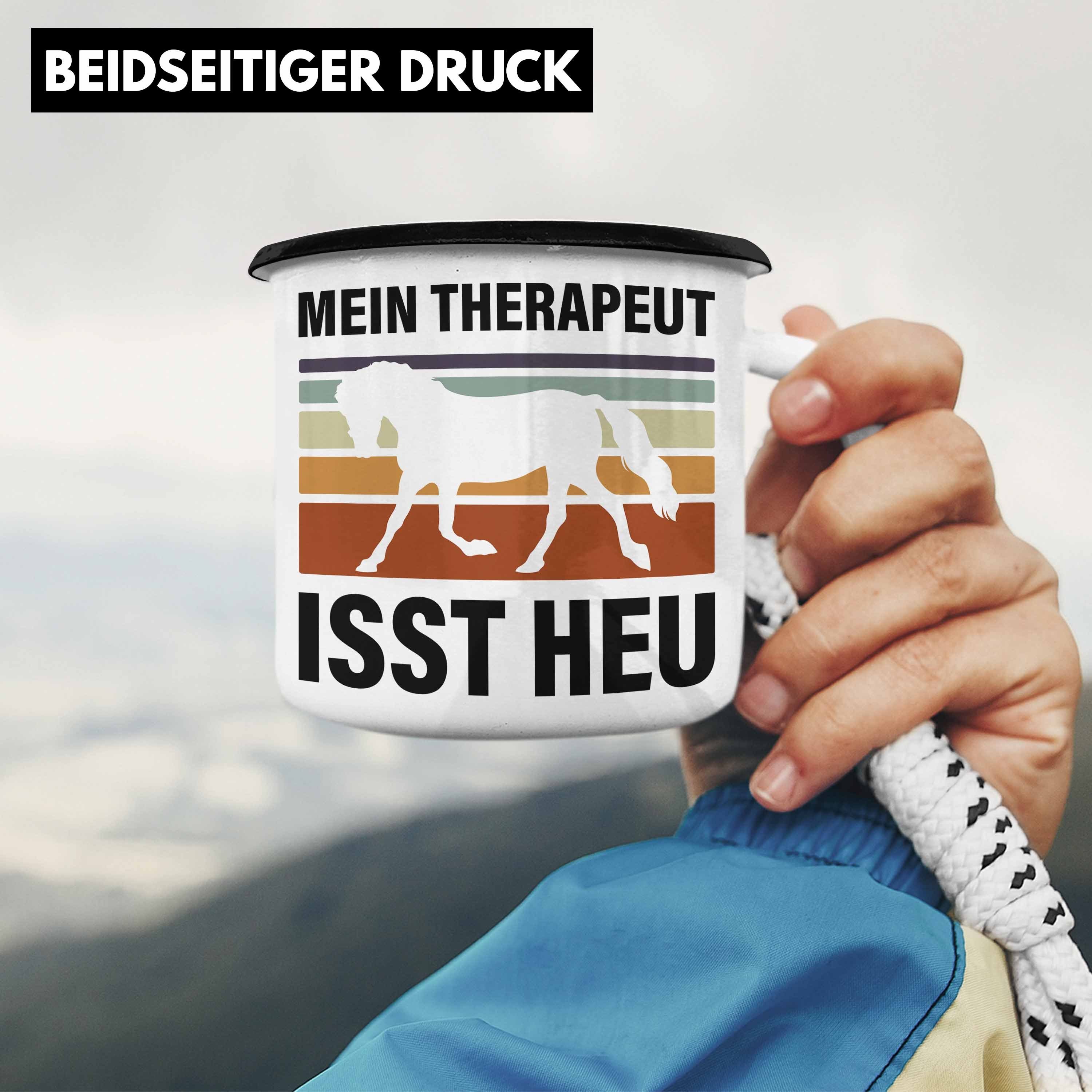 Trendation Thermotasse Trendation - Pferde Tasse Reiterin Lustig Isst Emaille Geschenk Pferdeliebhaber Heu Pferde Mädchen Therapeut Geschenke Schwarz Mein