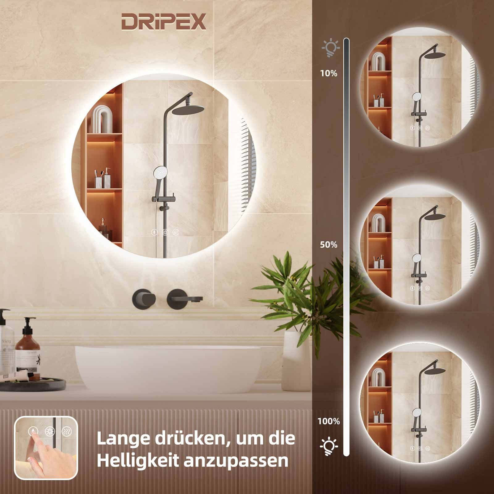 Dripex Badspiegel Badezimmerspiegel mit Beleuchtung, LED Spiegel Bad, beleuchteter Spiegel im Form Rund/Rechteckig/Asymmetrisch