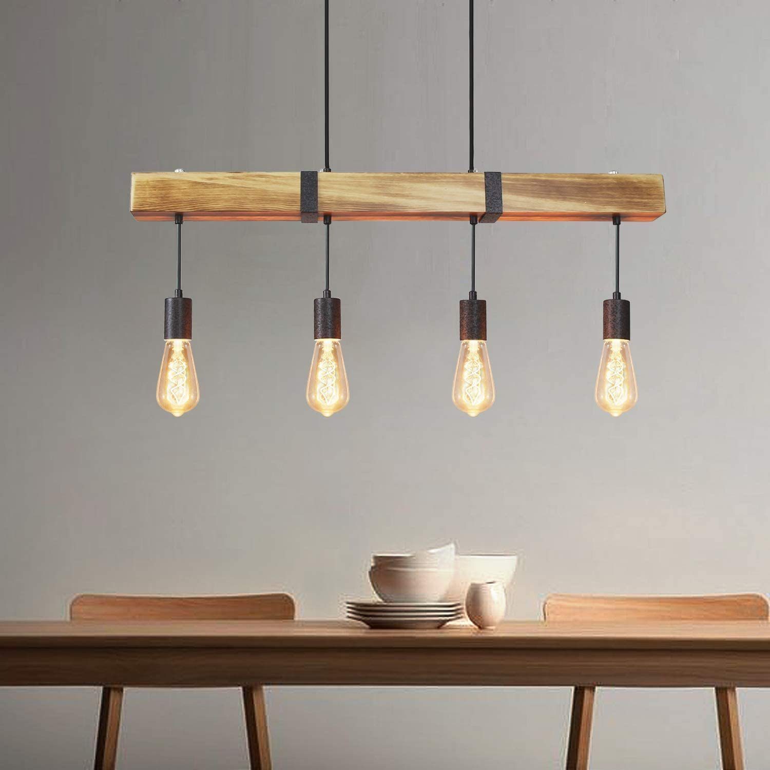 Nettlife Pendelleuchte Pendelleuchte mit 4 Lampen und 80cm Holzbalken, höhe günstig online kaufen